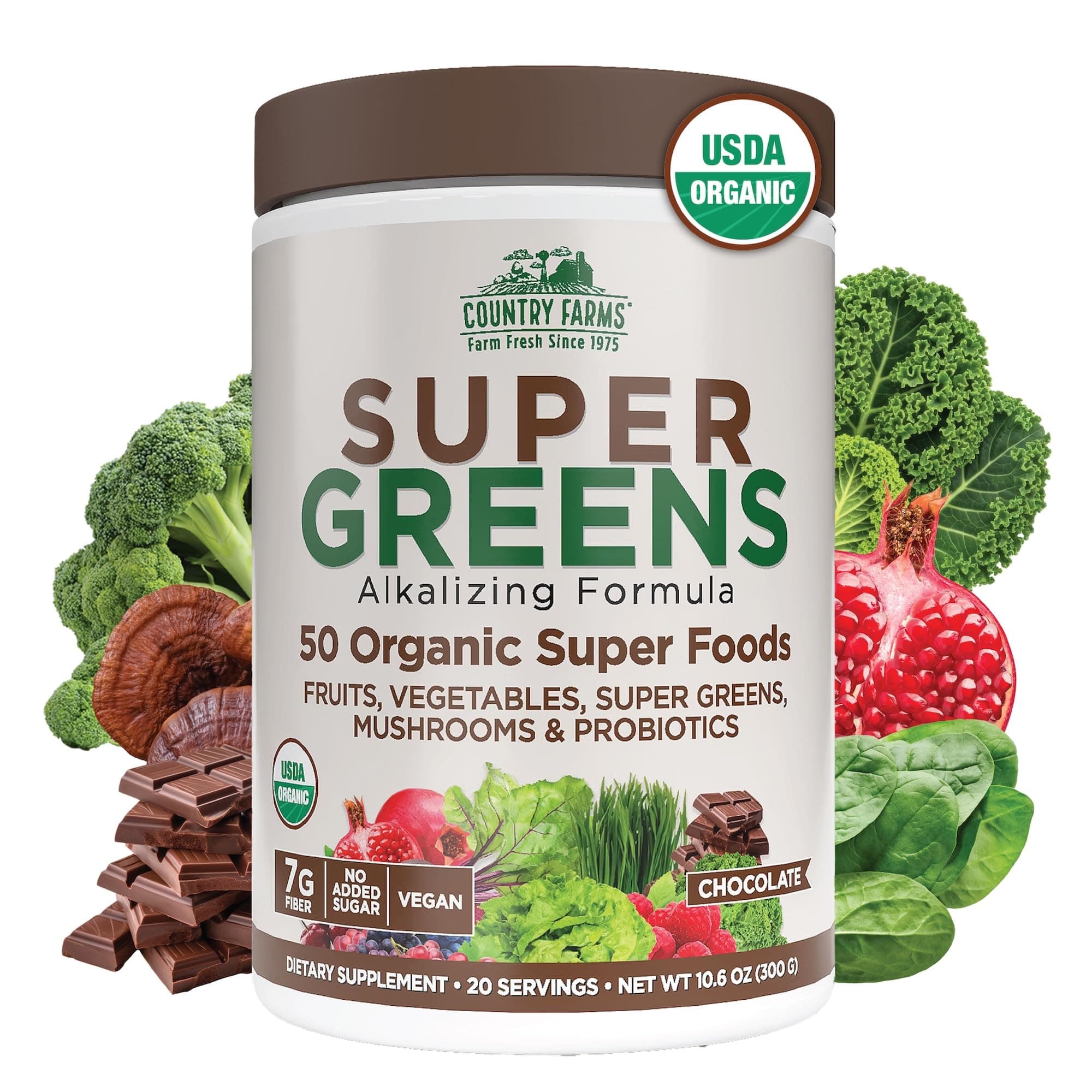 Super Greens Chocolate Flavor, 50 Organic Super Foods, USDA Organic Drink Mix, Fruits, Vegetables, Super Greens, Mushrooms & Probiotics, Supports Energy, 20 Servings, 10.6 Oz