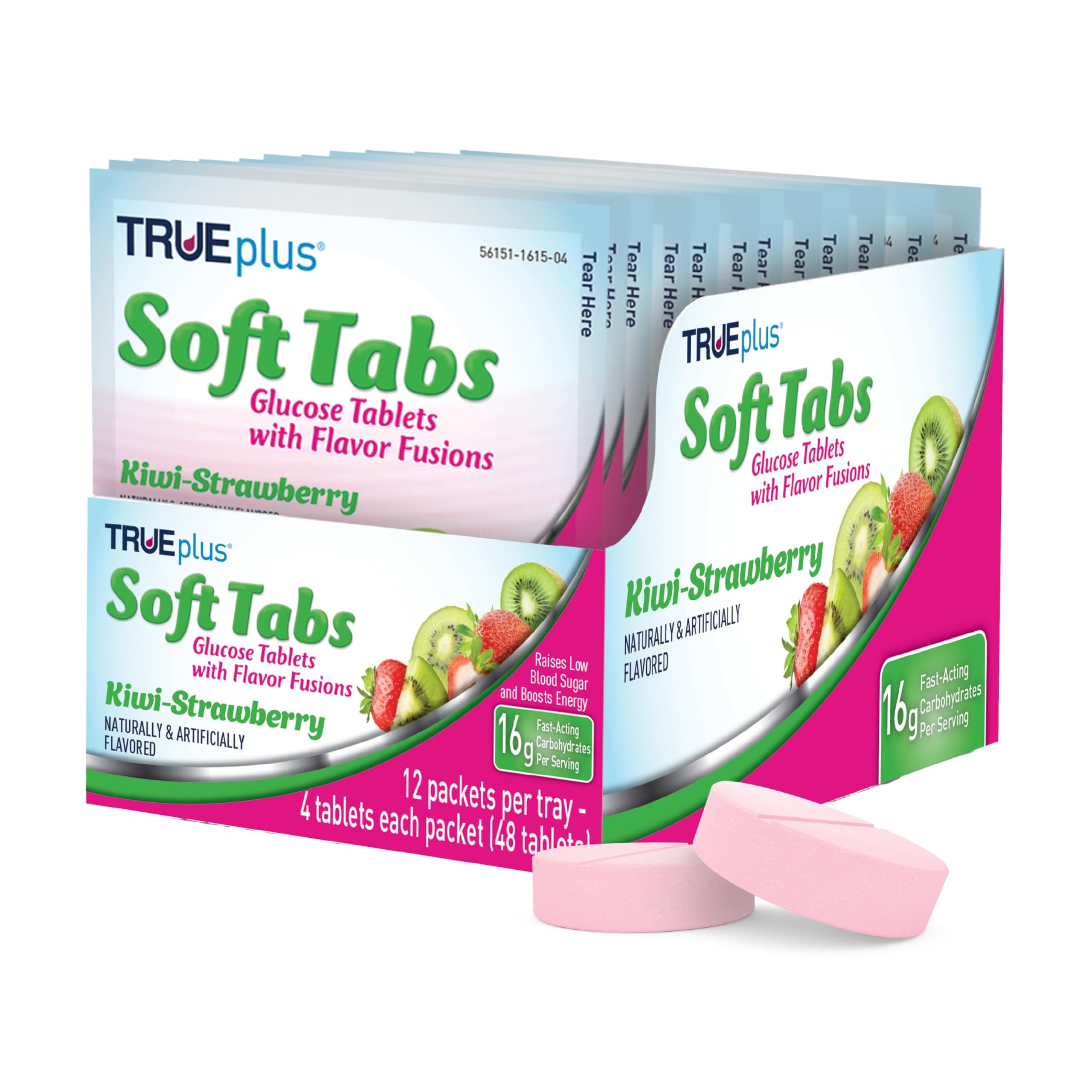TRUEplus Soft Tabs Glucose Tablets, Chewable, Kiwi Strawberry Flavor, 16g Fast-Acting Carbohydrates, Fat Free, Gluten Free, Raise Low Blood Sugar and Boost Energy, 4 Count, 12 Packs
