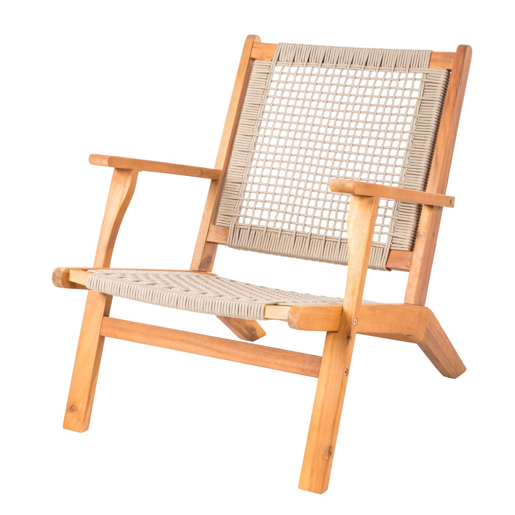 Patio Sense Vega Natural Stain Outdoor Chair | Acacia Wood Construction | Woven Web Seat | Mid Century Design | Comfortable Reclining Armchair for Porch, Patio, Lawn, Garden, Backyard, Pool, Deck