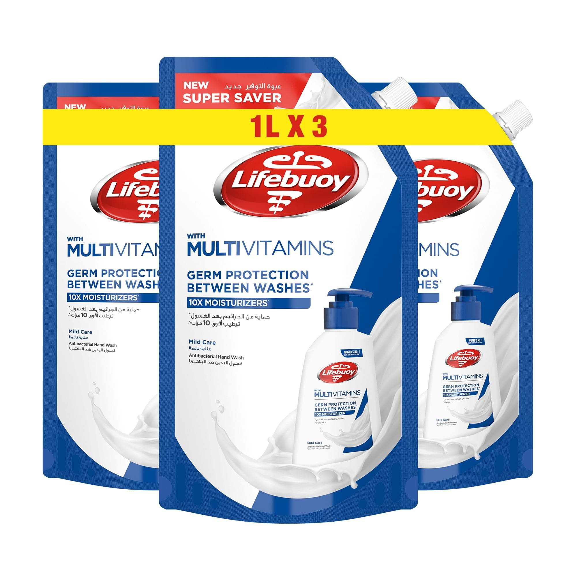 Hand Wash Refill , Mild Care, for 100% stronger germ protection* with 10x Moisturizers^, 1L x 3