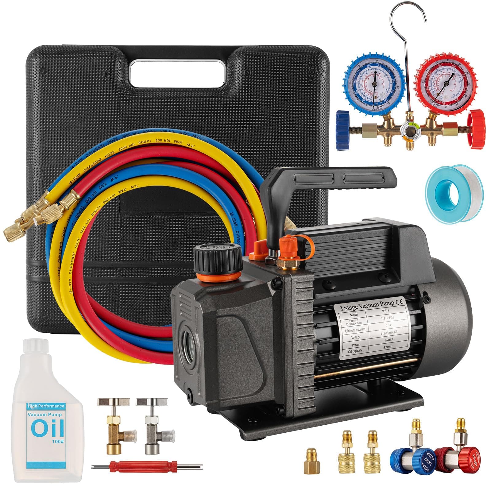 Vacuum Pump 3.5CFM 1/4HP Single Stage Air Vacuum Pump HVAC with R134A R410A Kit AC A/C Manifold Gauge Set for Air Conditioning Refrigeration Recharging