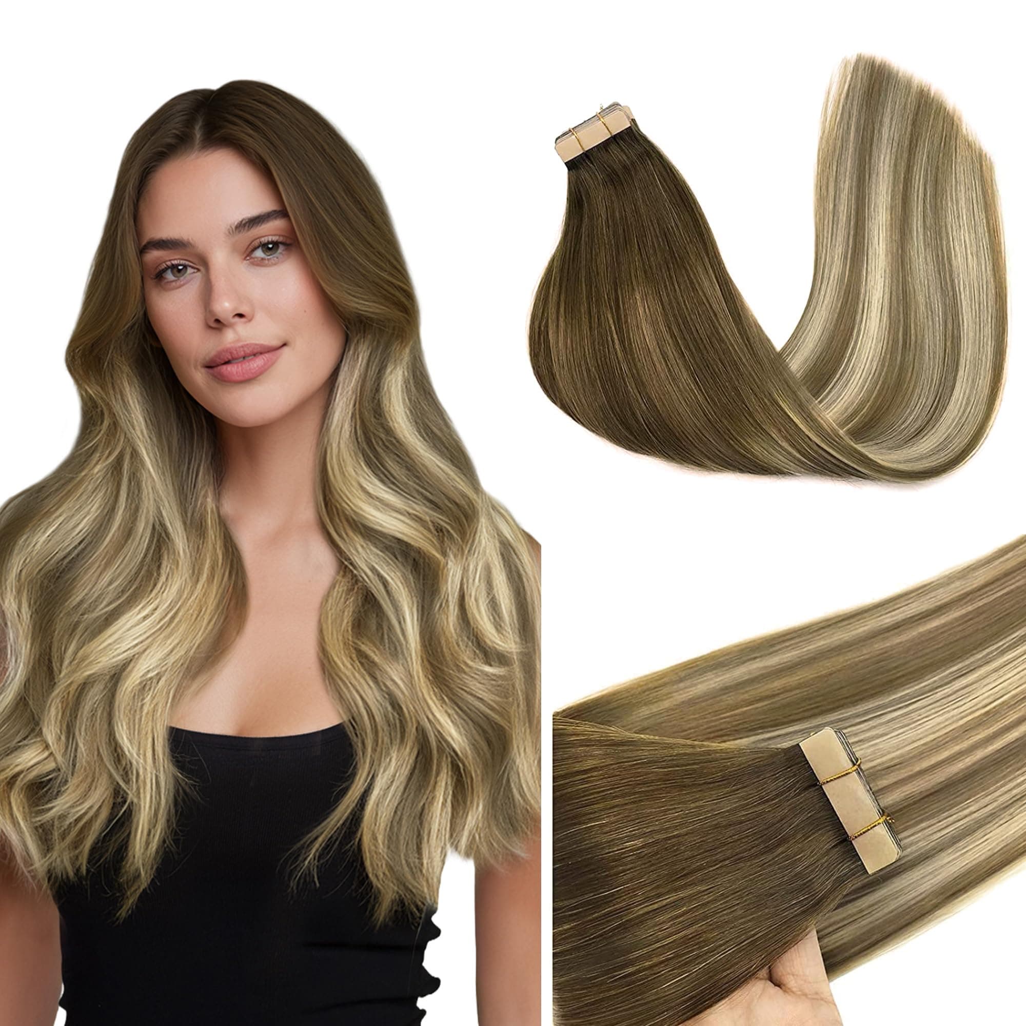 GOO GOO Tape in Hair Extensions Real human hair 20pcs 50g 45cm Balayage Walnut Brown to Ash Brown and Bleach Blonde Real Remy Hair Extensions Seamless Straight Human Hair Extensions