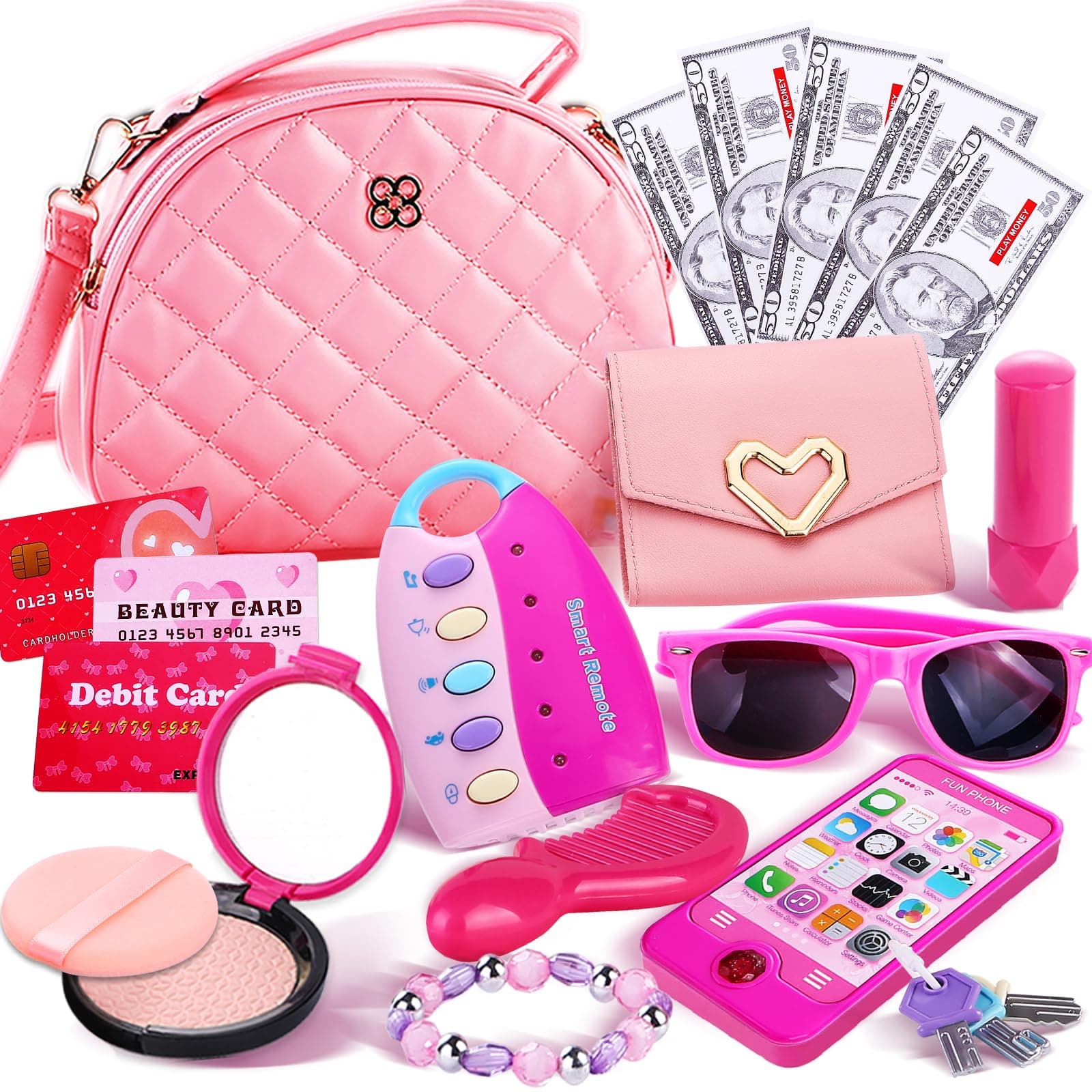 GraceDuckGraceduck Little Girls Purse with Play Makeup Kit, Kids Pretend Play Handbag Wallet Sunglasses Keys Credit Card with Pink Cosmetics Accessories Toddler Princess Birthday Gift Age 3 4 5 6 7 8 Year Old