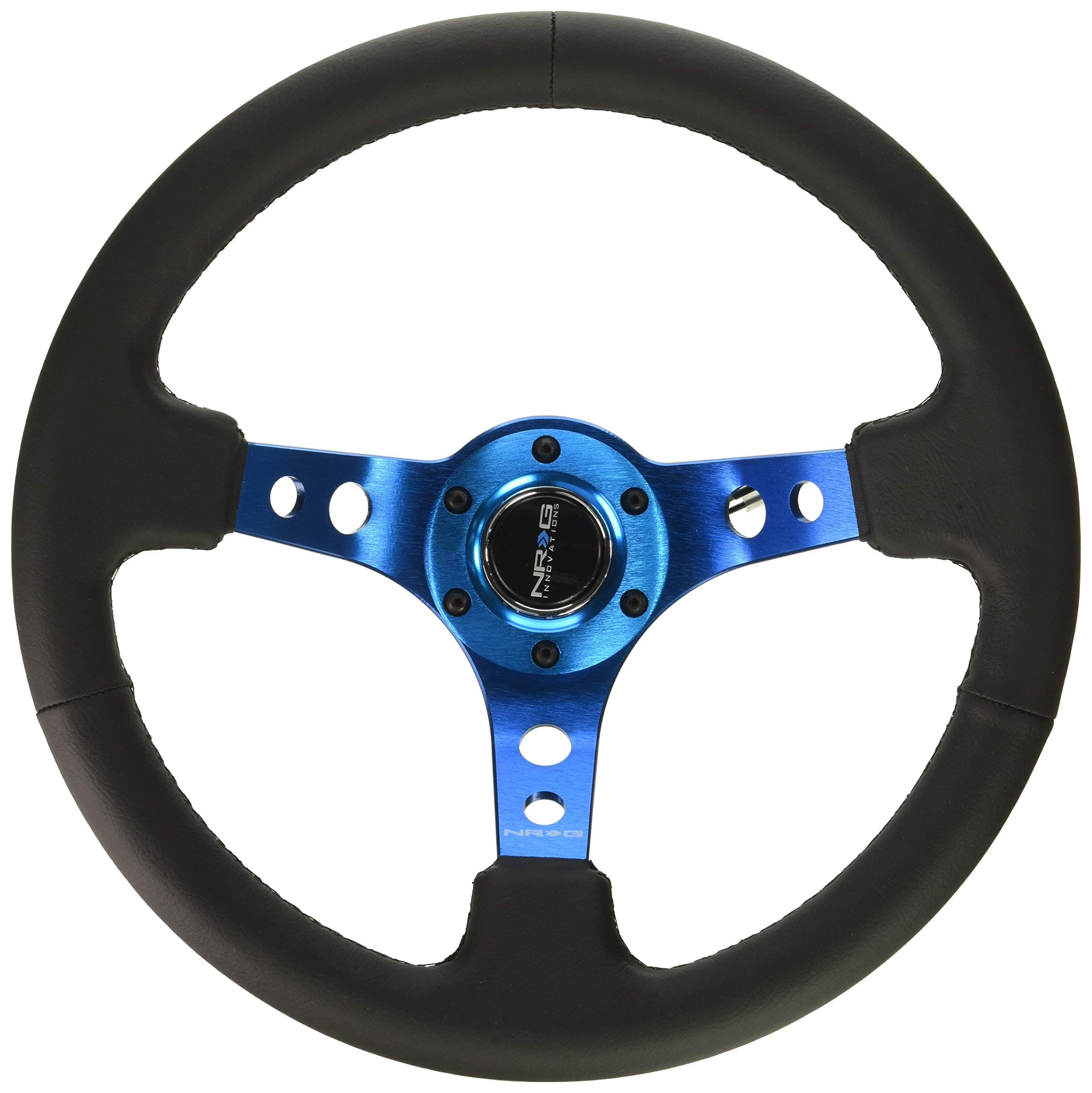 NRG-RST-006BL Reinforced Steering Wheel - 350mm Sport Steering Wheel (3" Deep) - Blue Spoke w/Round holes/Black Leather