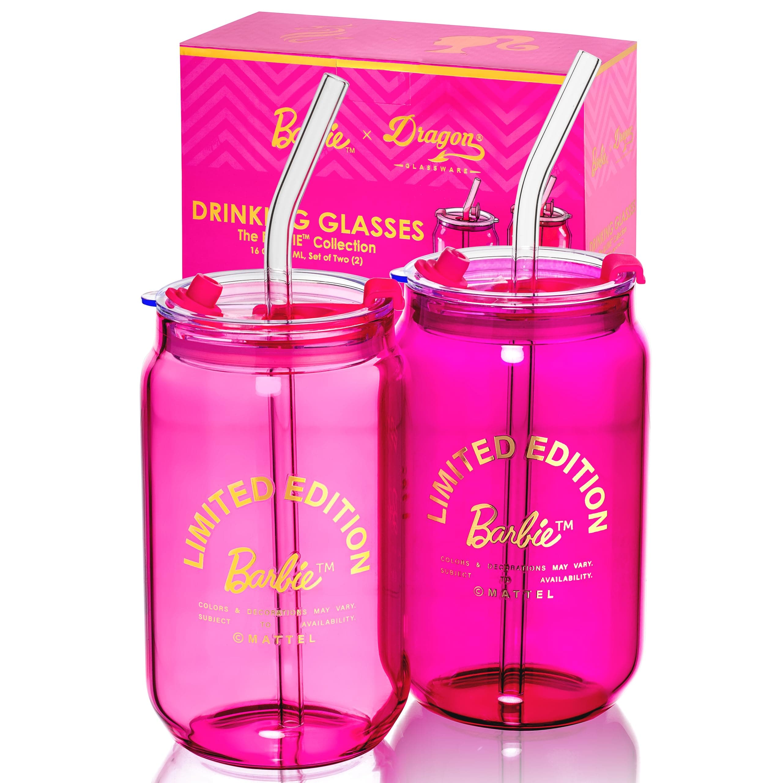 Dragon Glassware x Barbie Drinking Glasses - Pink and Magenta - 16 oz Can Shaped Glass Cups with Lids and Straws Set of 2 - Iced Coffee Cups with Lids - Glass Tumbler with Straw and Lid