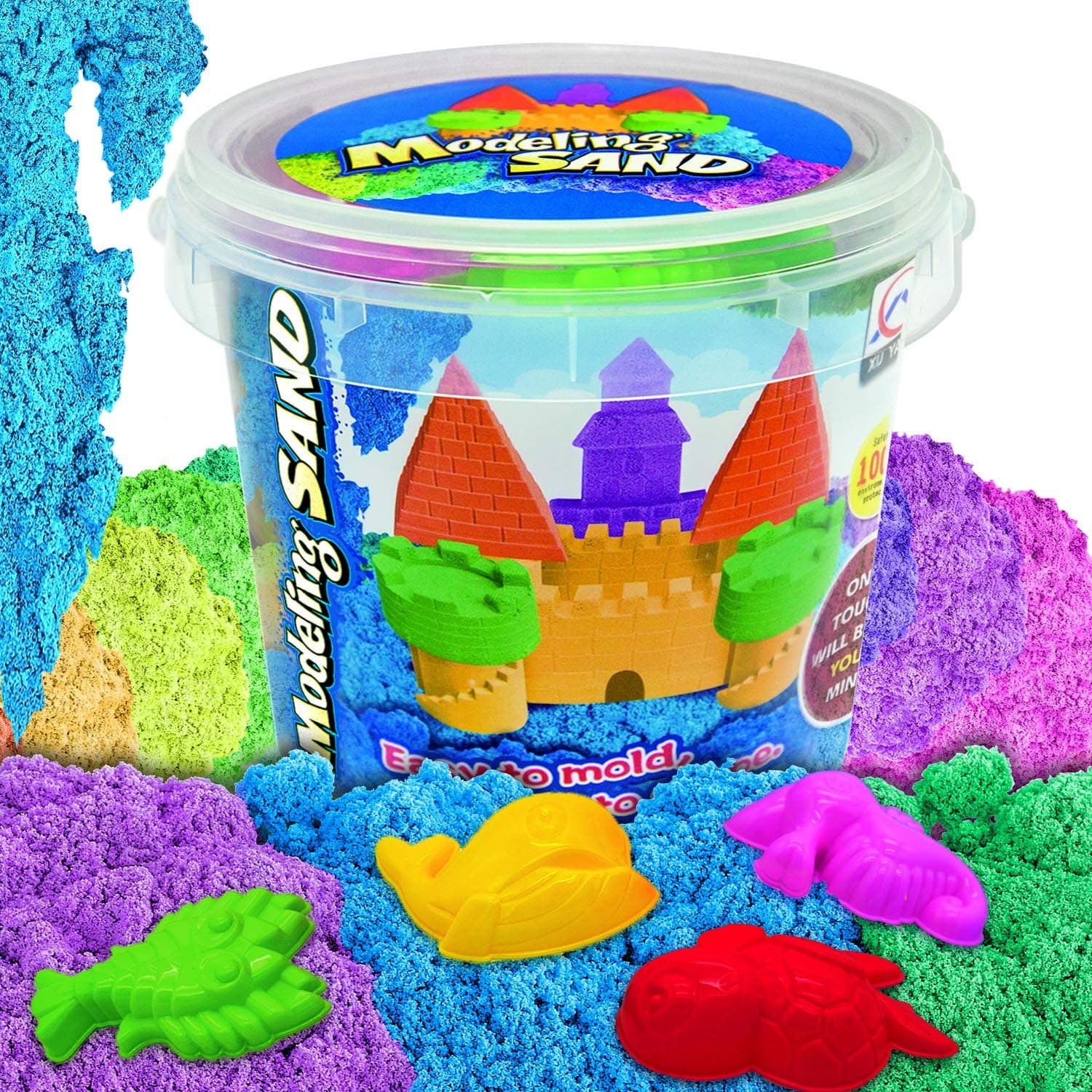 Kaiyuan Dynasty Colorful Play Moldable Sand Beach Magic Sand Set Play Colored Rainbow Sand 1.8lbs + 4pcs Molds for Kids Creative Playing, Colors May Vary