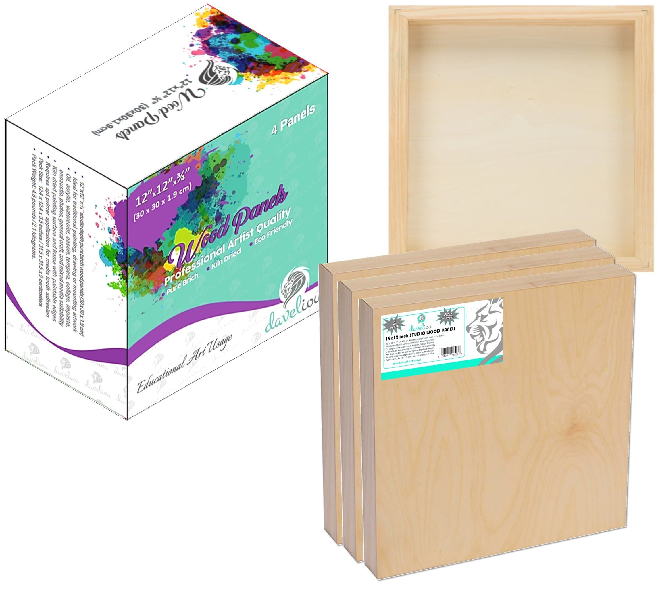 Daveliou 30 x 30 cm Wood Canvas Boards for Painting, Arts, Crafts, Wood Burning, Shadowbox, Oils, Acrylics, and More (4 Pack)