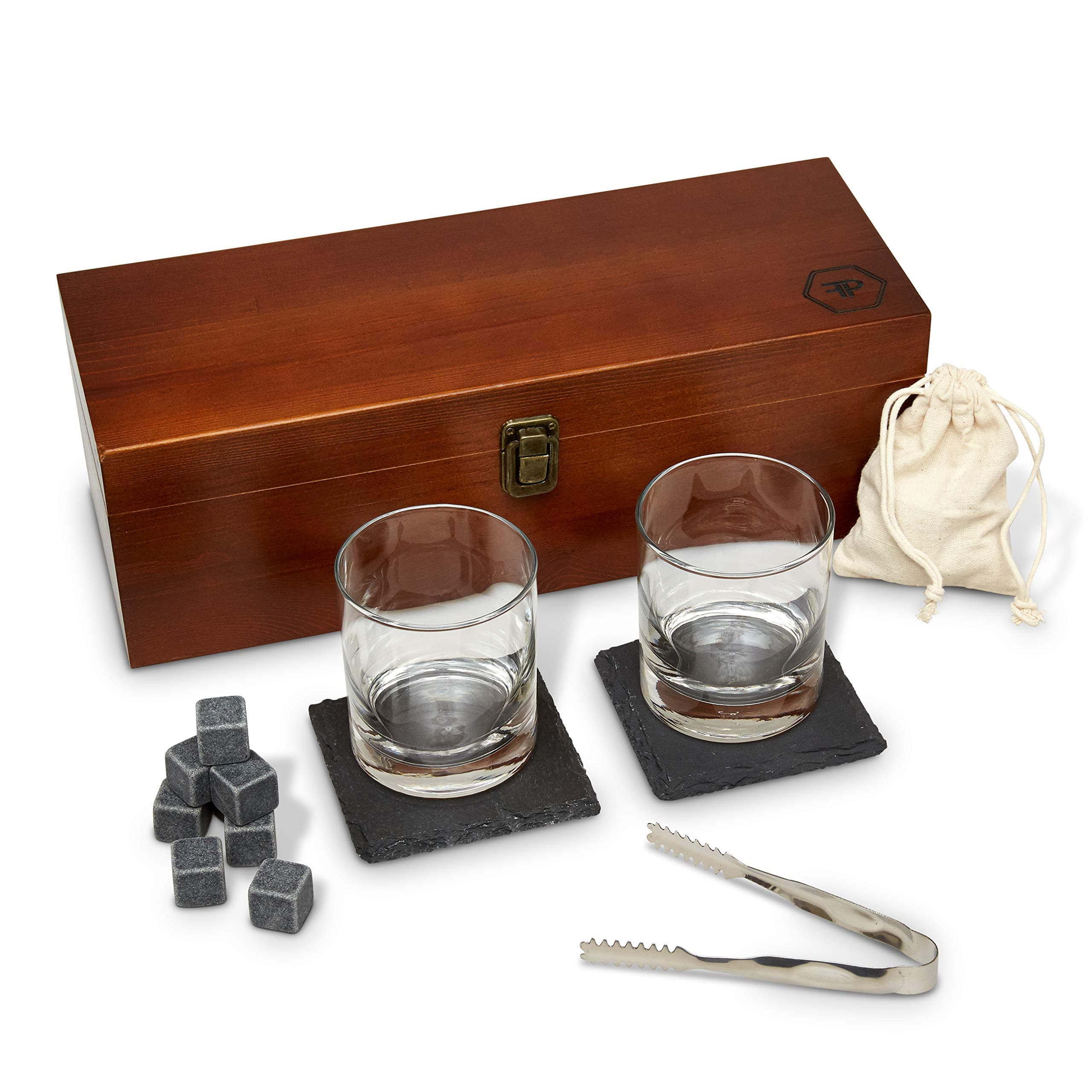 Fine Pursuits Whiskey Glass Set - Whiskey Stones - Bourbon Glass Bar Set, 8 Whiskey Rocks and 2 Stone Coasters - Bar Accessories for Men, Fathers Day, Groomsmen, Dad, Birthday, Husband and Boyfriend