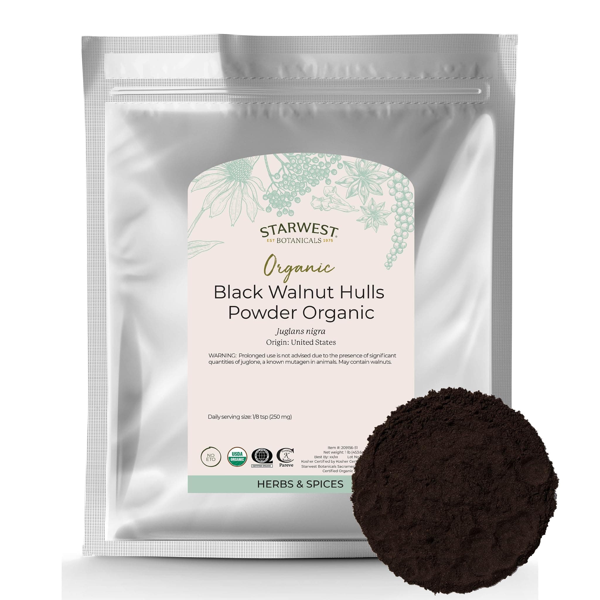 Starwest Botanicals Organic Black Walnut Hull Powder - Finely Ground, Use for Tea & Baking, Certified Kosher, Non-GMO - Bulk 1 lb Bag