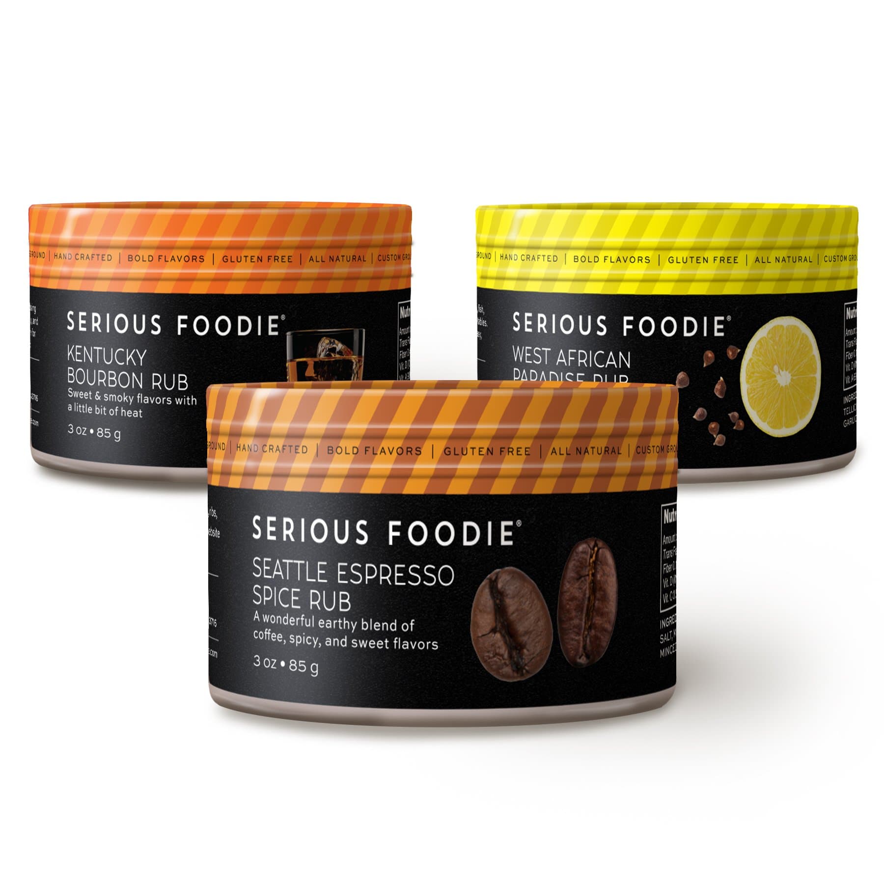 Serious Foodie Gourmet Spice Blends Collection. Season Anything. 3 jars of All Natural Vegan Gluten-Free Soy-free Handcrafted Grilling & BBQ Spice Rubs. A great gourmet gift for foodies