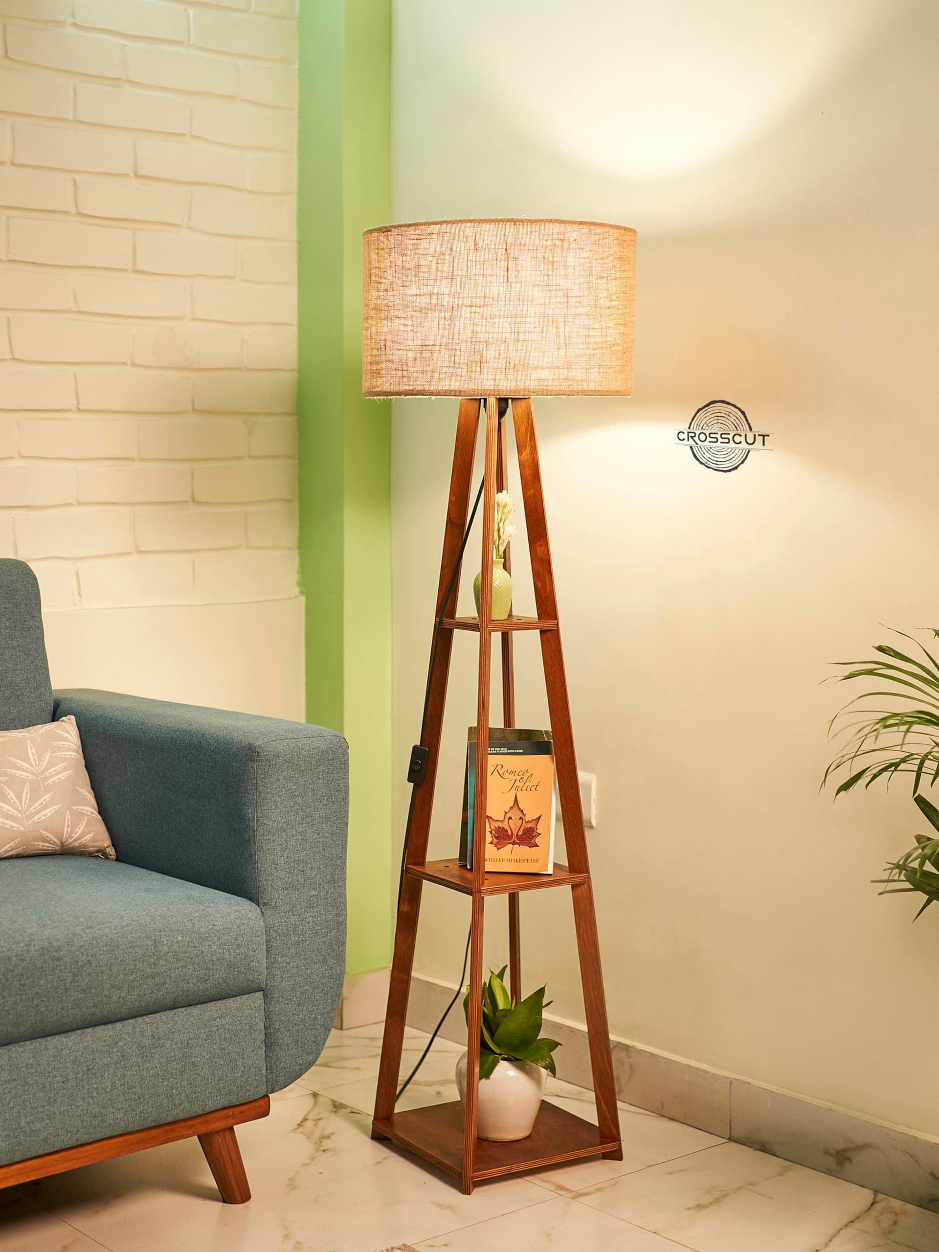 Crosscut Furniture Wooden Floor Lamp with Shelf (Natural Jute). for Diwali Decoration and Gifting