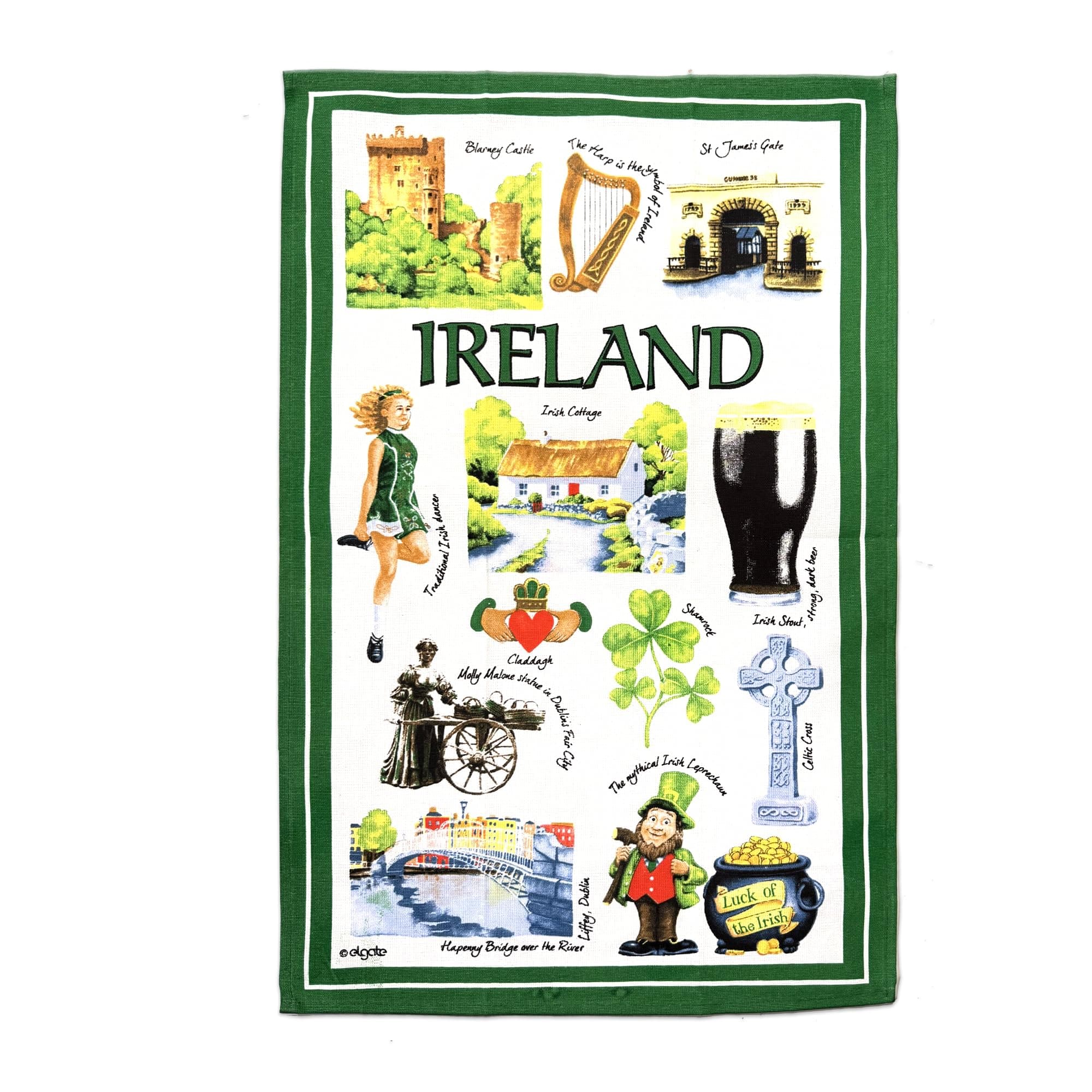 Iconic Ireland Tea Towel Souvenir Gift Green Irish Scenes Leprechaun Collage