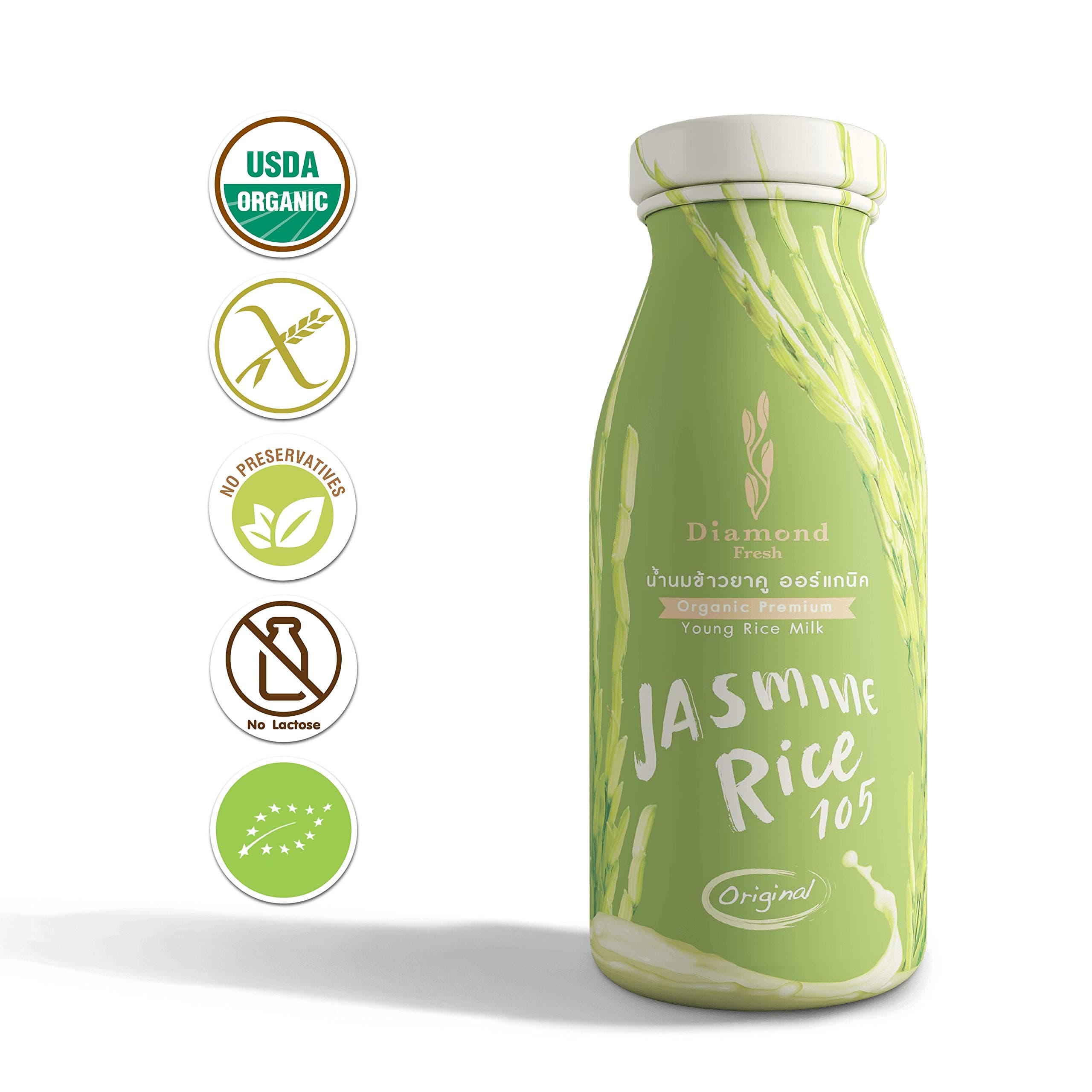 Rice Milk made from Jasmine Rice By Diamond Fresh – Rice Drink Natural & Certified Organic Young Rice Milk, Non-Lactose, No Almond Milk Protein (180ml)