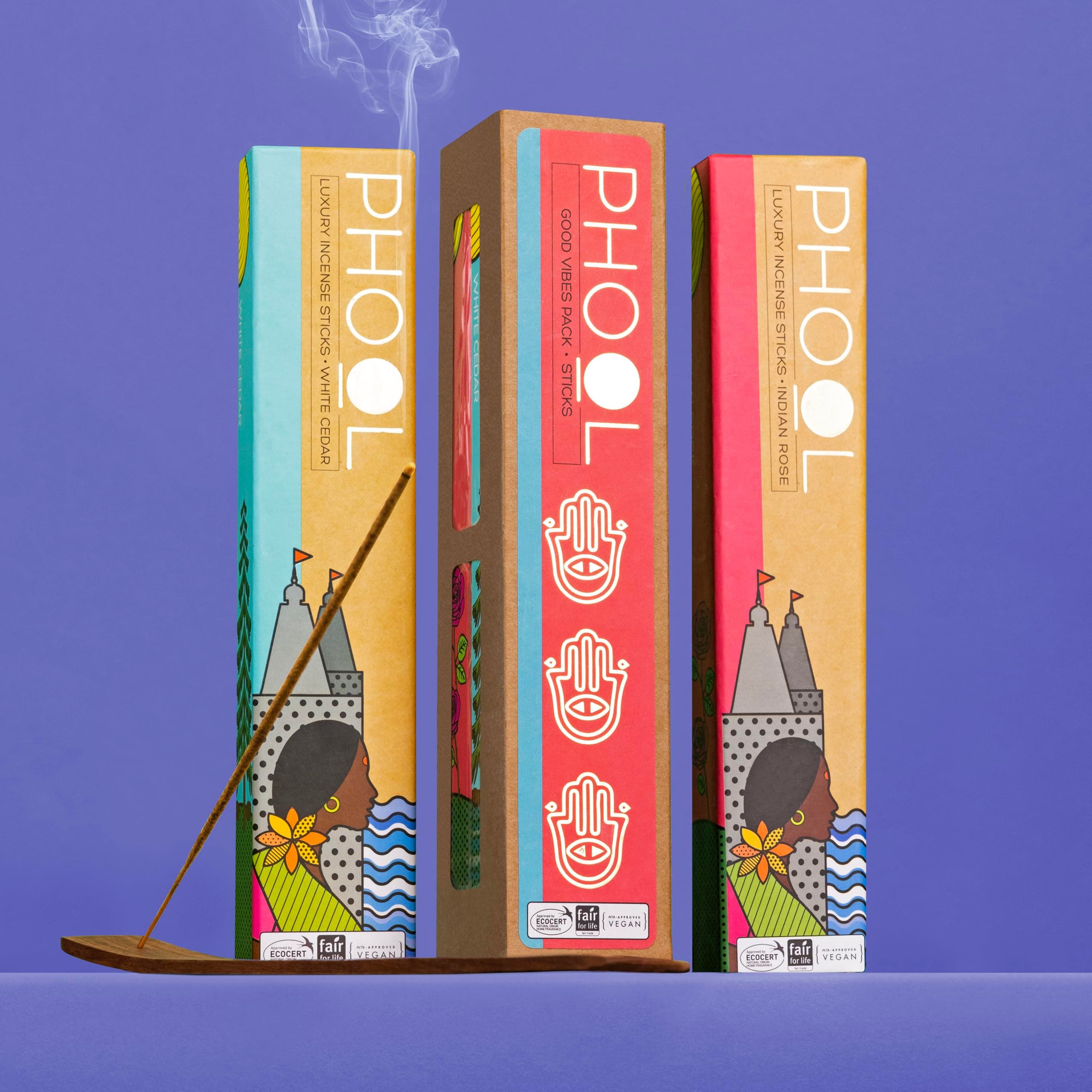 Pack of 2 Natural Incense Sticks,Phool GoodVibes Pack(80 Organic Sticks|2 Fragrances- Indian Rose & White Cedar),Free Wooden Stand |Handrolled |Sulpher & Charcoal Free |100% Organic. (500GMS)