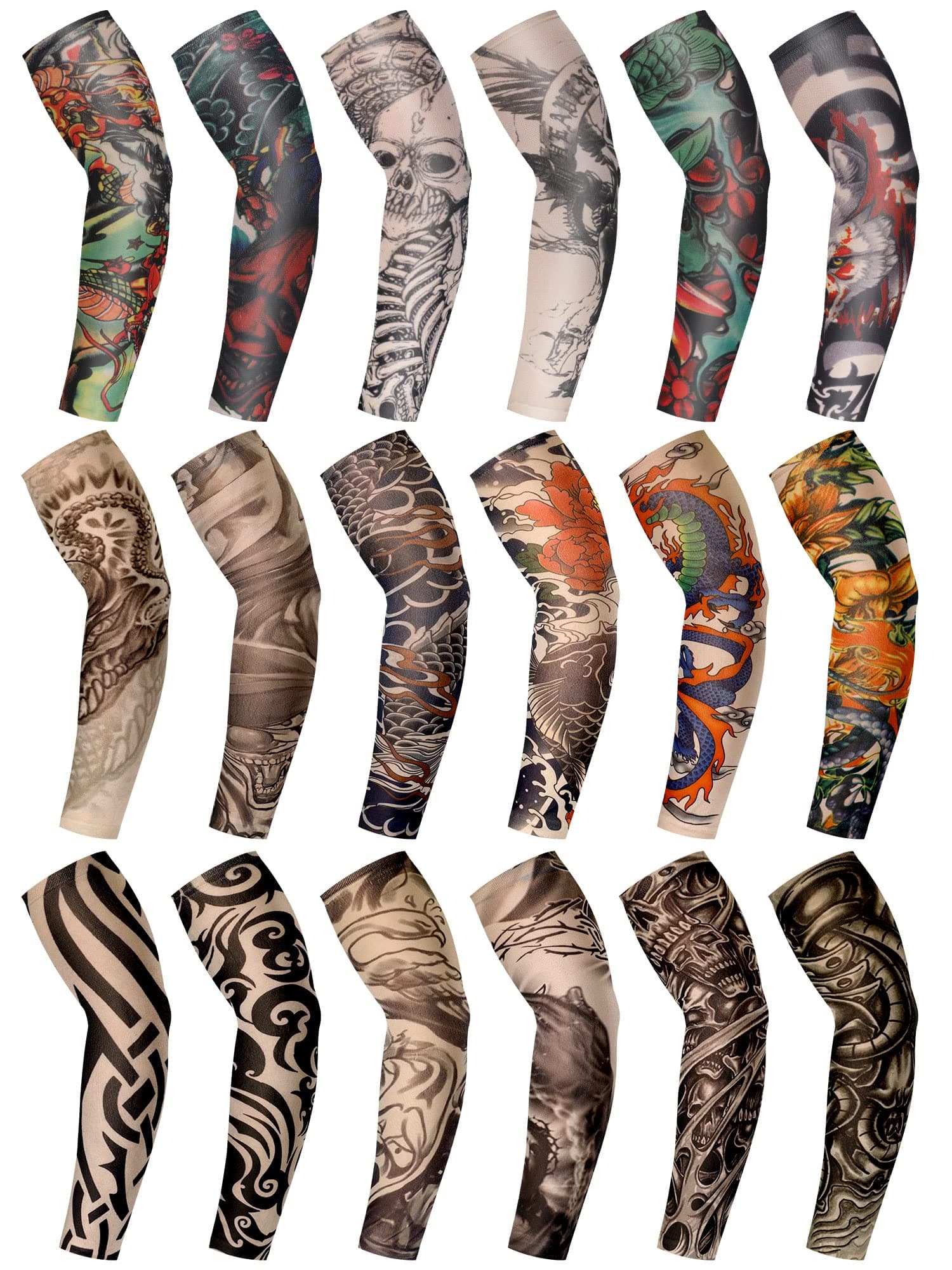 Geyoga 18 Pcs Tattoo Sleeves for Men Arts Fake Temporary Tattoo Arm Sunscreen Sleeves Cosplay Accessories