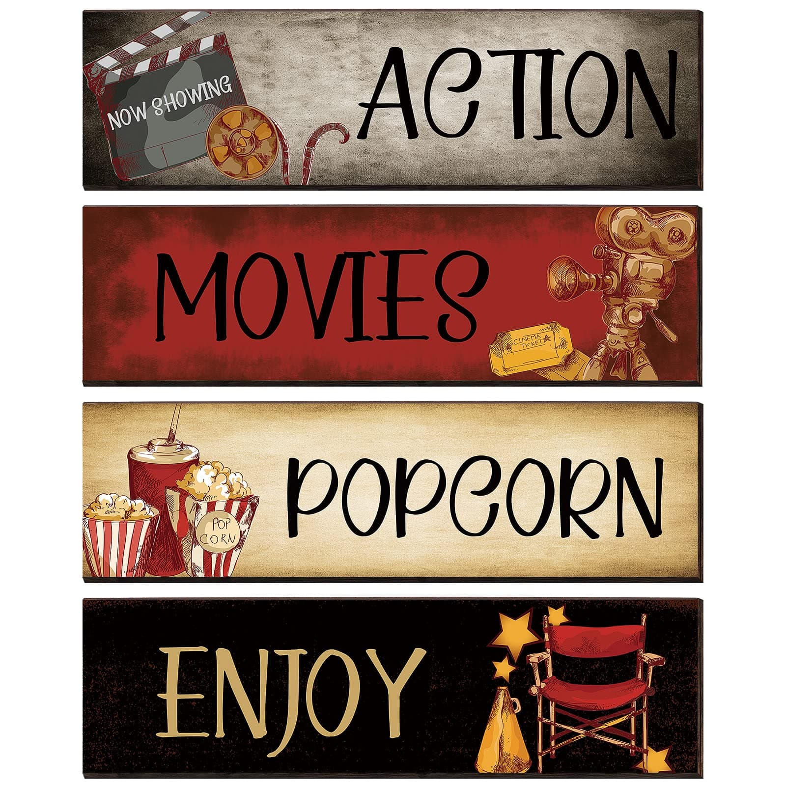 4 Pieces Movie Theater Decor Wooden Home Theater Decoration for Popcorn Enjoy Film Classic Decor Rustic Room Wall Media Room Wall Art(11 x 3 Inch)