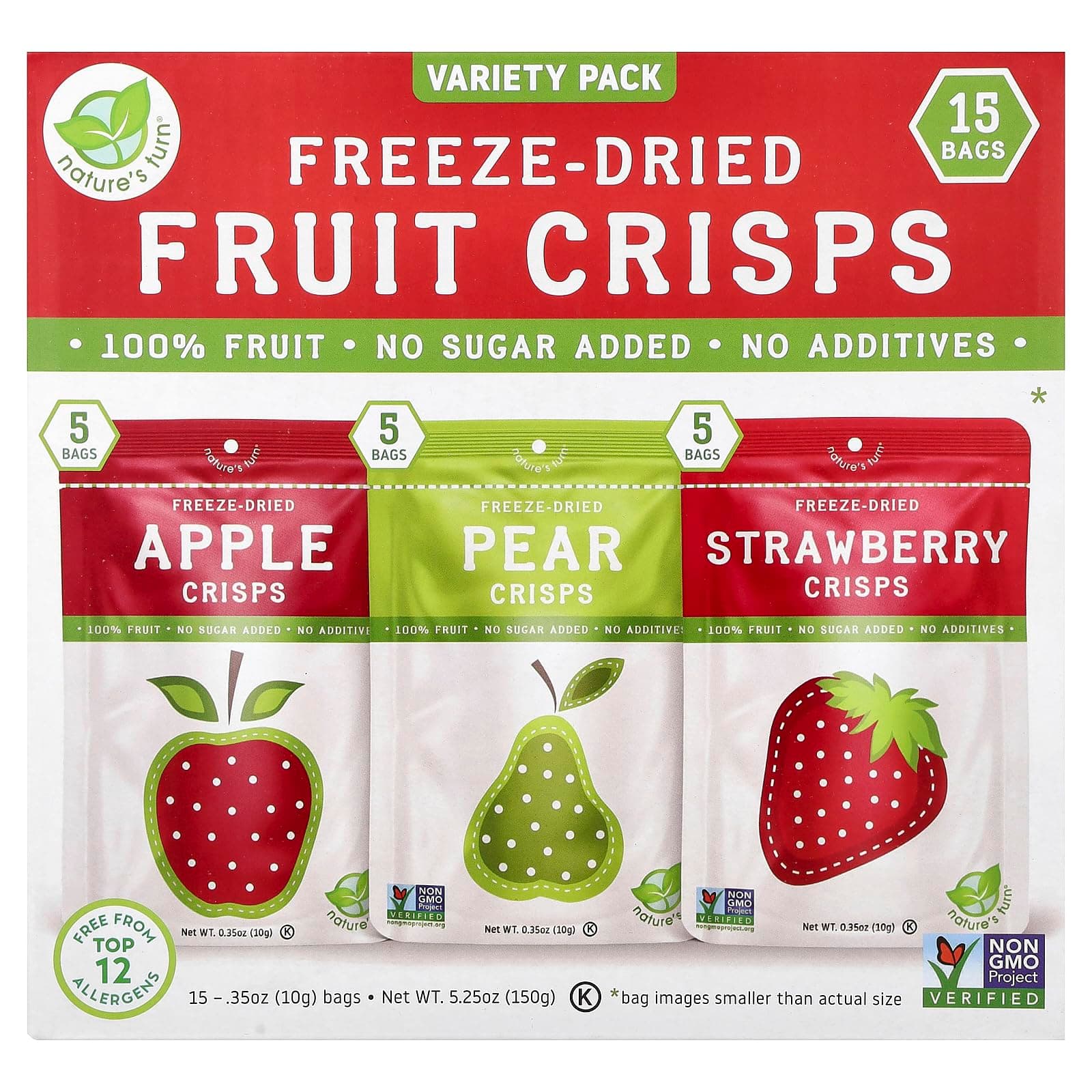 Nature’s Turn Freeze-Dried Fruit Crisps –Healthy, Gluten-Free,Crispy & Delicious, Plant-Based Snack,Ideal for Cereal, Smoothies,School Lunches,& On-the-Go,Lunchbox Snack Variety Bags of 15 (0.35 oz Each)