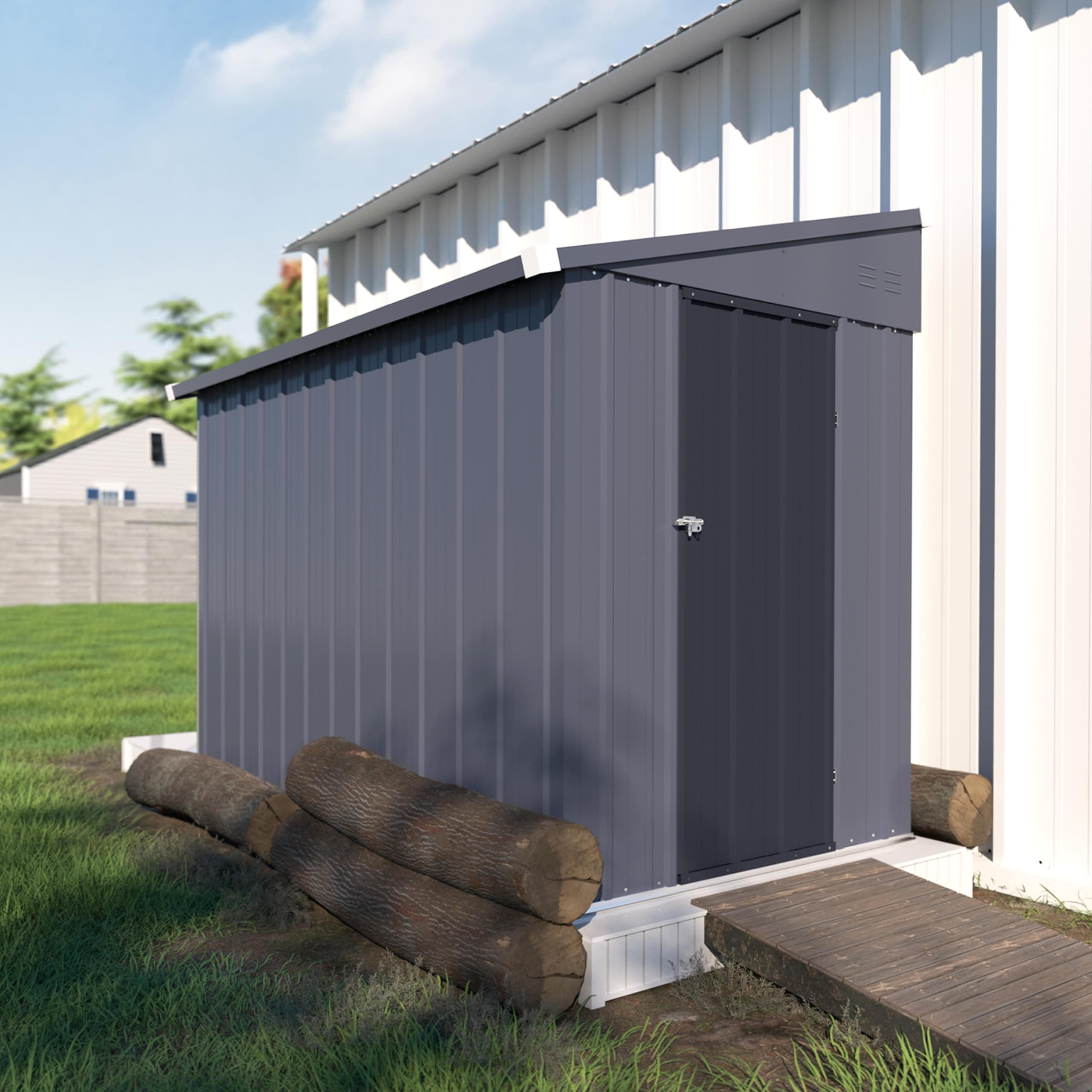 VEIKOU 4' x 8' Outdoor Storage Shed, Lean-to Shed Kit with Thickened Galvanized Steel, Small Metal Shed with Lockable Door, Patio Garden Tools Shed Utility Bike Storage w/Air Vents, Grey & Black