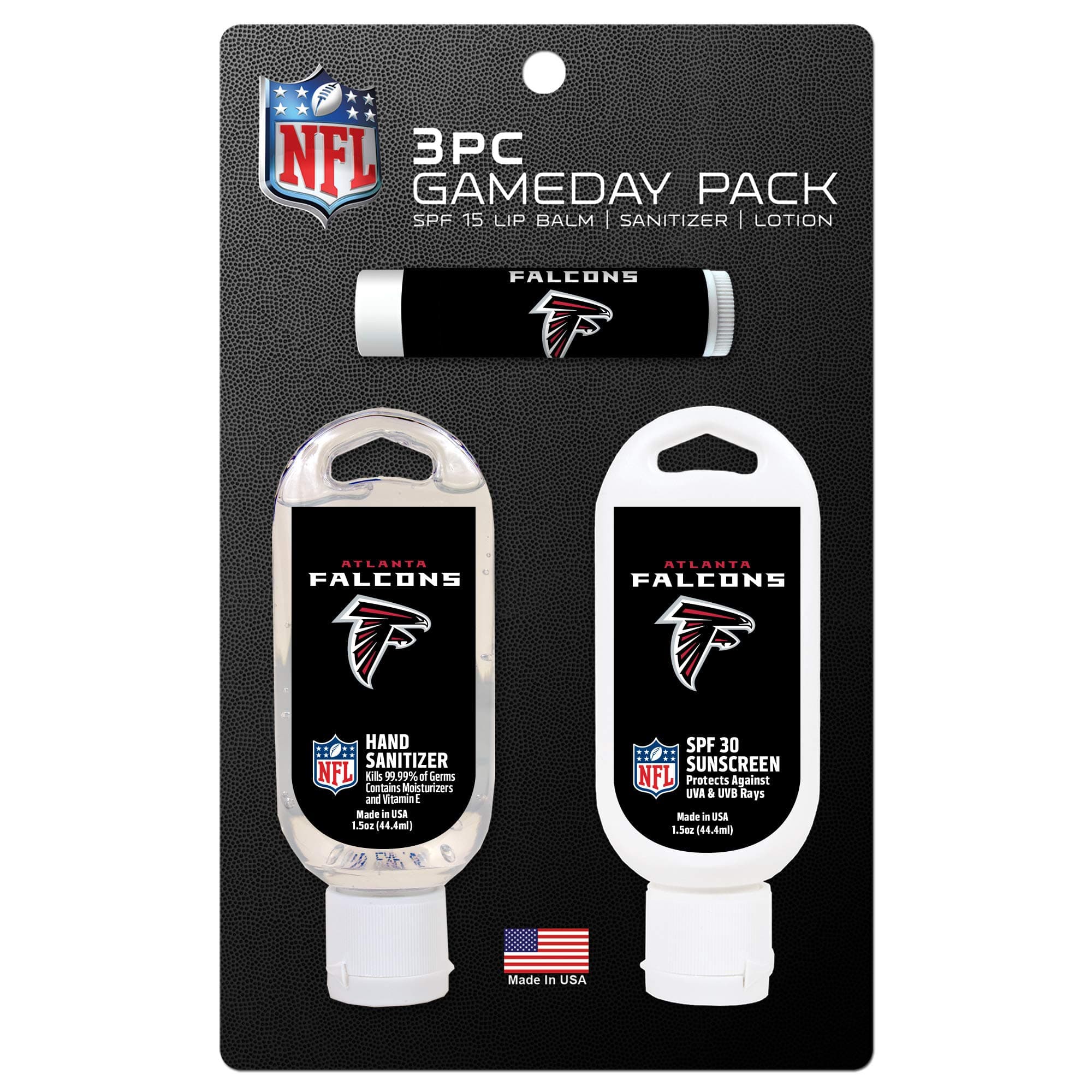 NFL Atlanta Falcons Game Day Pack Includes 1 Lip Balm, 1 Hand Sanitizer and 1 SPF Sunscreen (3-Piece), 8 x 5 x 1.5-Inch, White