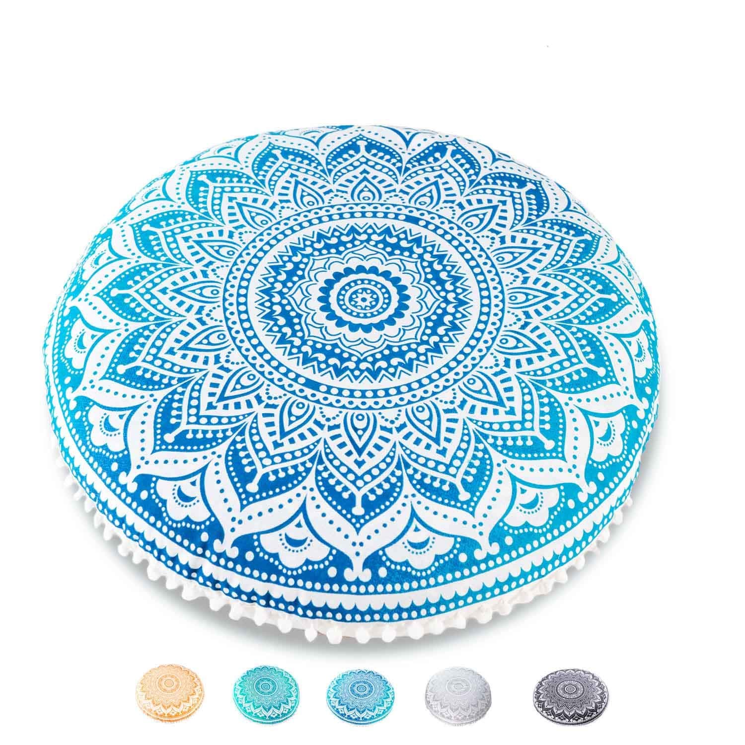 Mandala Life ARTYoga Decor Floor Cushion Cover - Round Medition Pillow Case - Hand Printed Organic Cotton Pouf