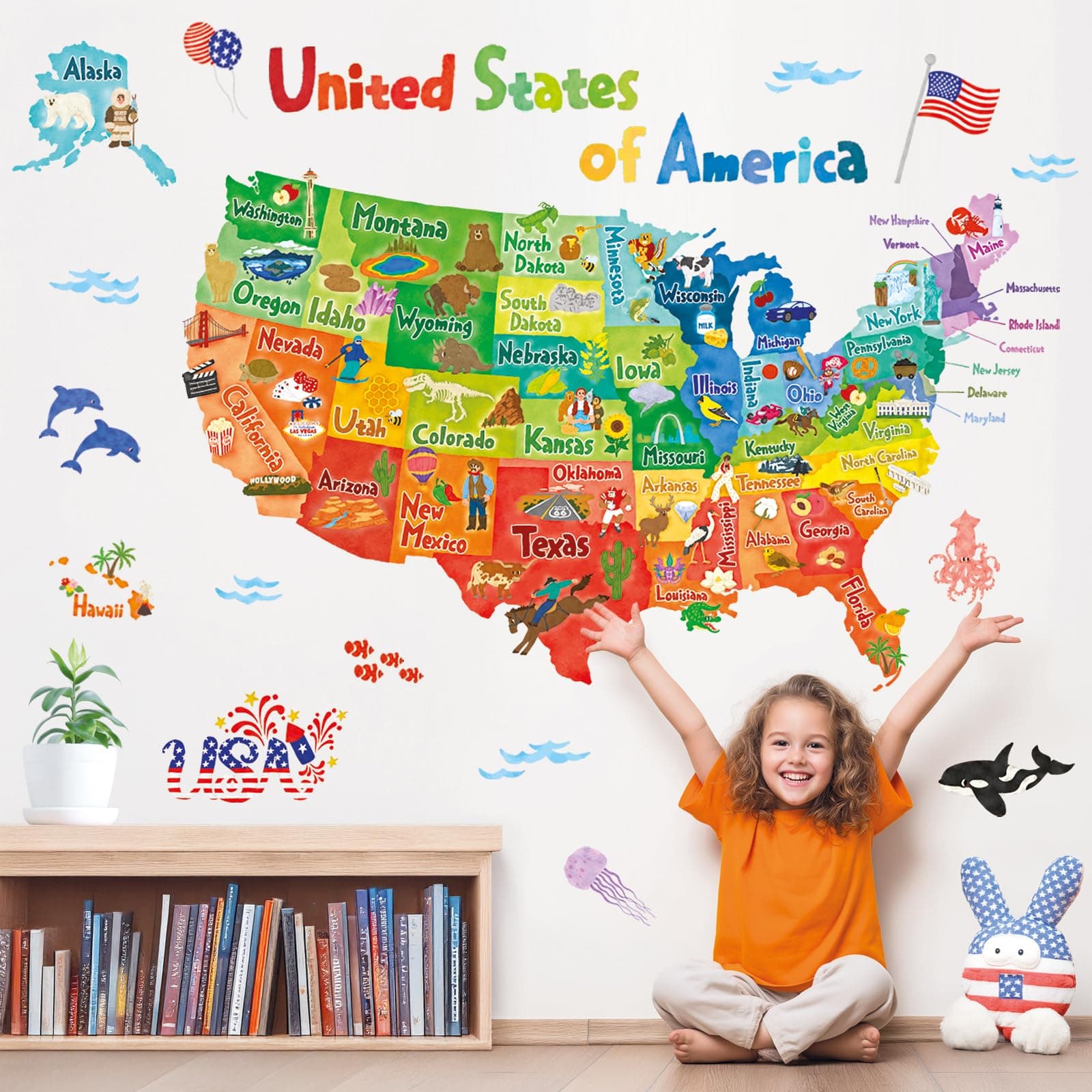 SG2-2307 Colourful USA Wall Stickers Decals Peel and Stick Removable for Kids Nursery Bedroom Living Room décor Wallpaper United States US