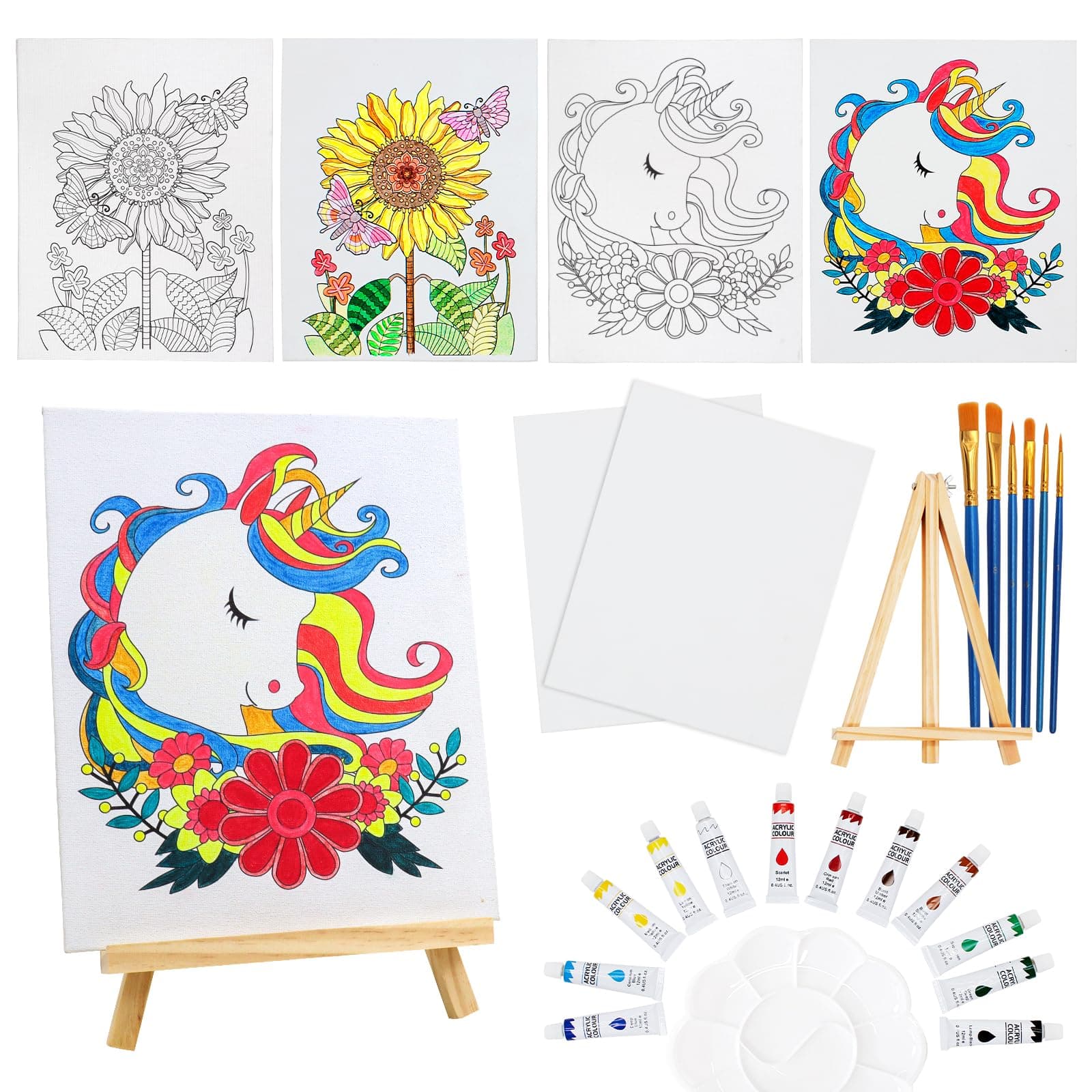 Pre Drawn Canvas for Painting for Kids Adults Paint – Kids Painting Set -12 Pcs Acrylic Paint Kit, 4 8x10 inch Canvases 2 Pre Drawn Canvas Unicorn, Sunflower, 2 Blank with Easel