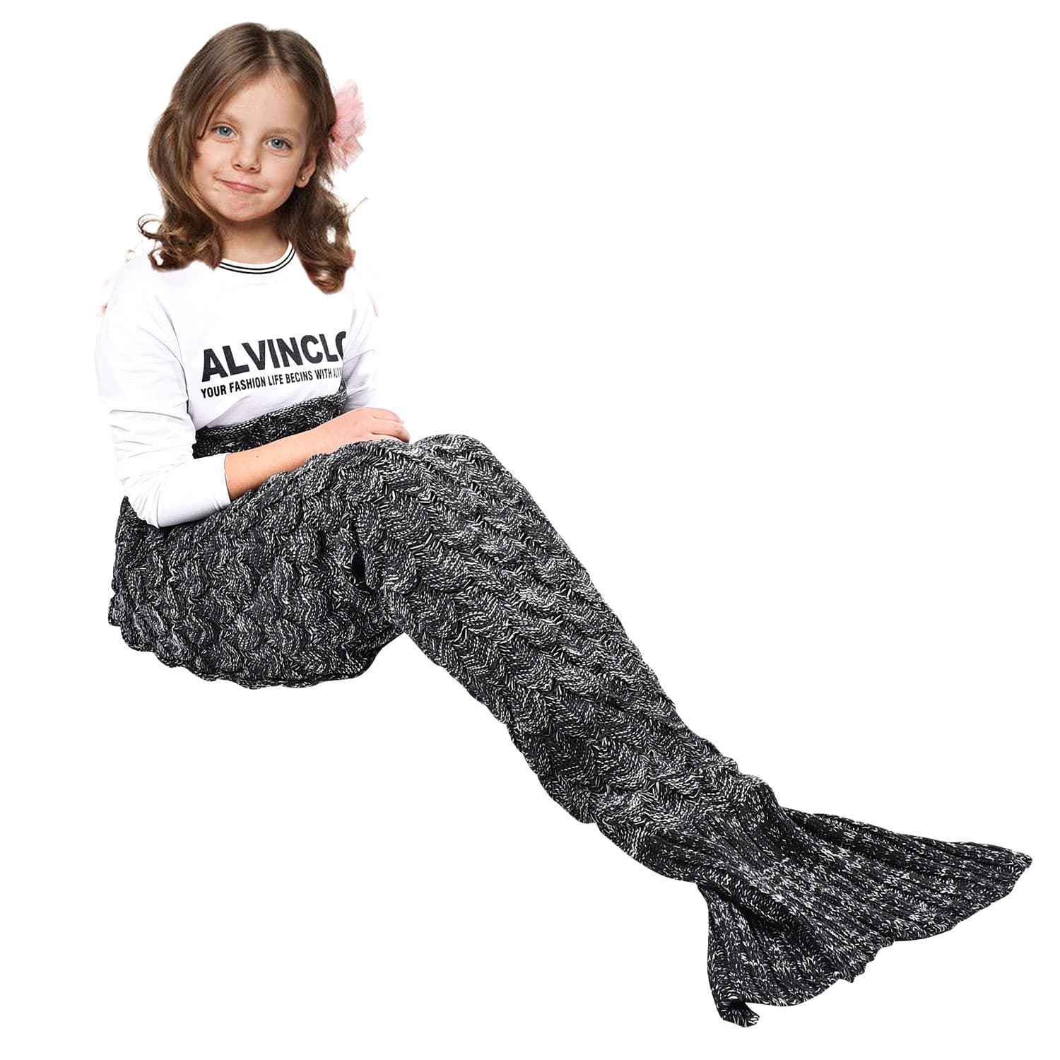 yashidali Wearable Mermaid Tail Blanket Crochet, All Seasons Warm Knitted Bed Blankets Sofa Living Room Quilt for Kids, Fish-Scales Pattern, 55.1" x 27.6" (140 x 70cm), Black