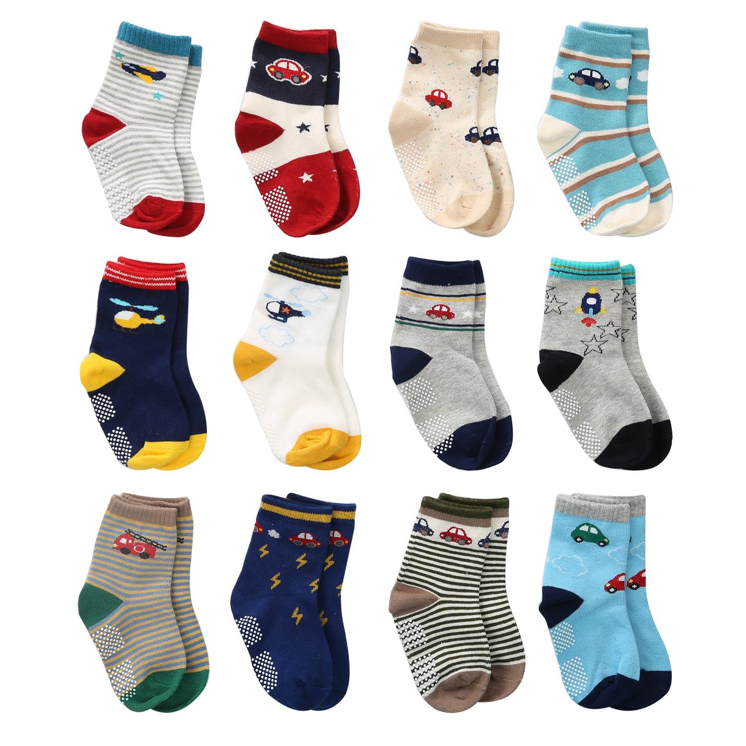 Wobon12 Pairs Baby Socks for Boys Cotton Socks Non Skid Grip Socks, Toddler Boy Anti Slip Ankle Socks for Kids Boys