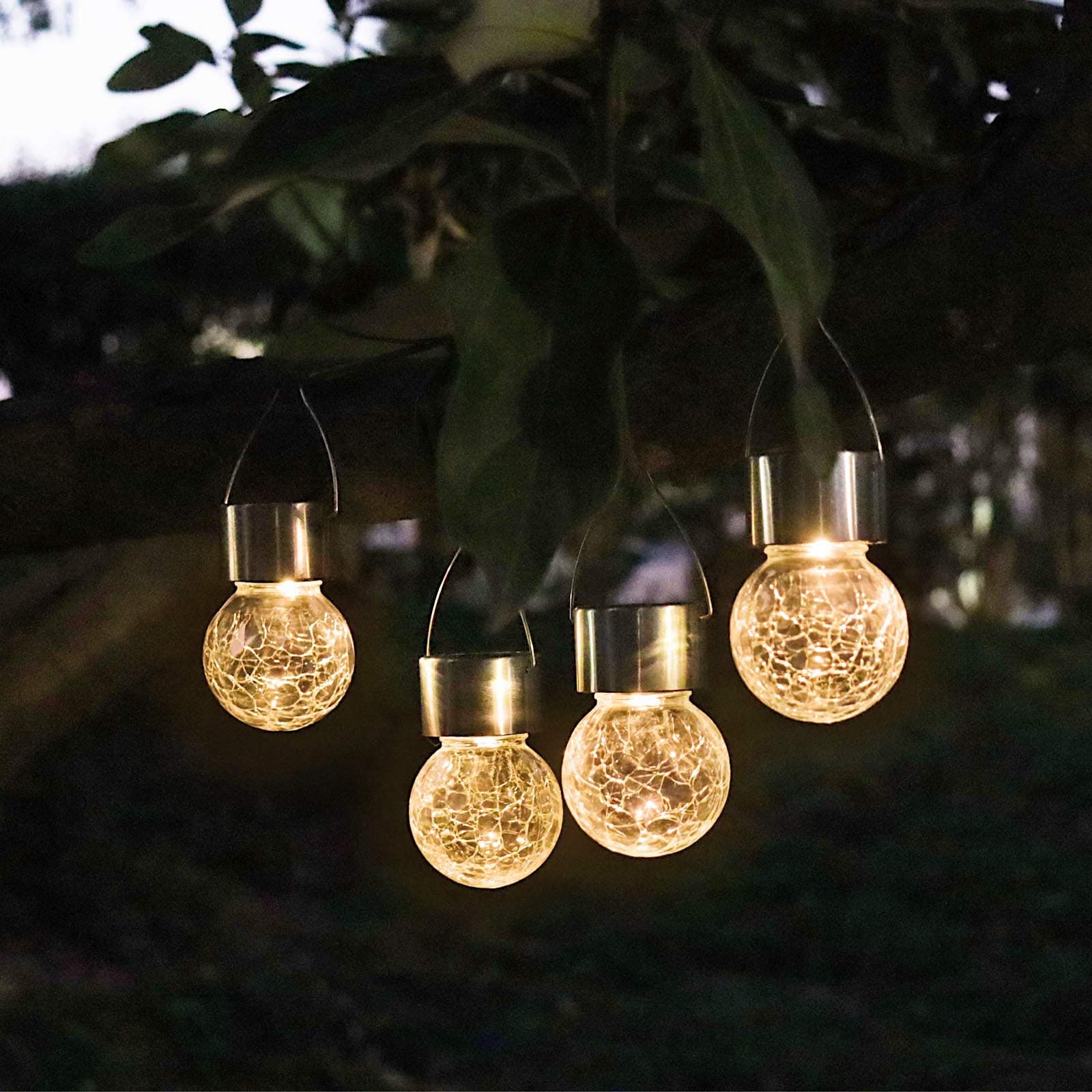 Solar Crackle Globe Hanging Ball Lights - 4 Pack Glass Decorative Garden Lights Waterproof Solar Lanterns for Yard, Patio, Fence, Tree, or Holiday Decoration (Warm White)