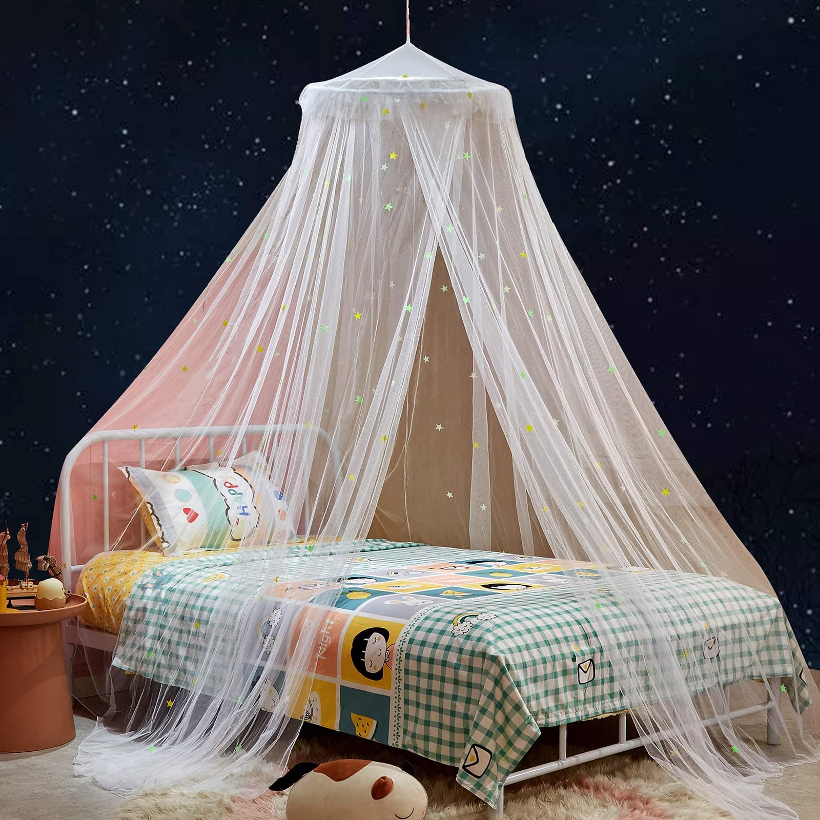 Mengersi Bed Canopy for Gilrs with Fluorescent Stars Glow in Dark,Canopy Bed Curtains Mosquito Netting Canopy for Bed,Princess for Girls Room Decor
