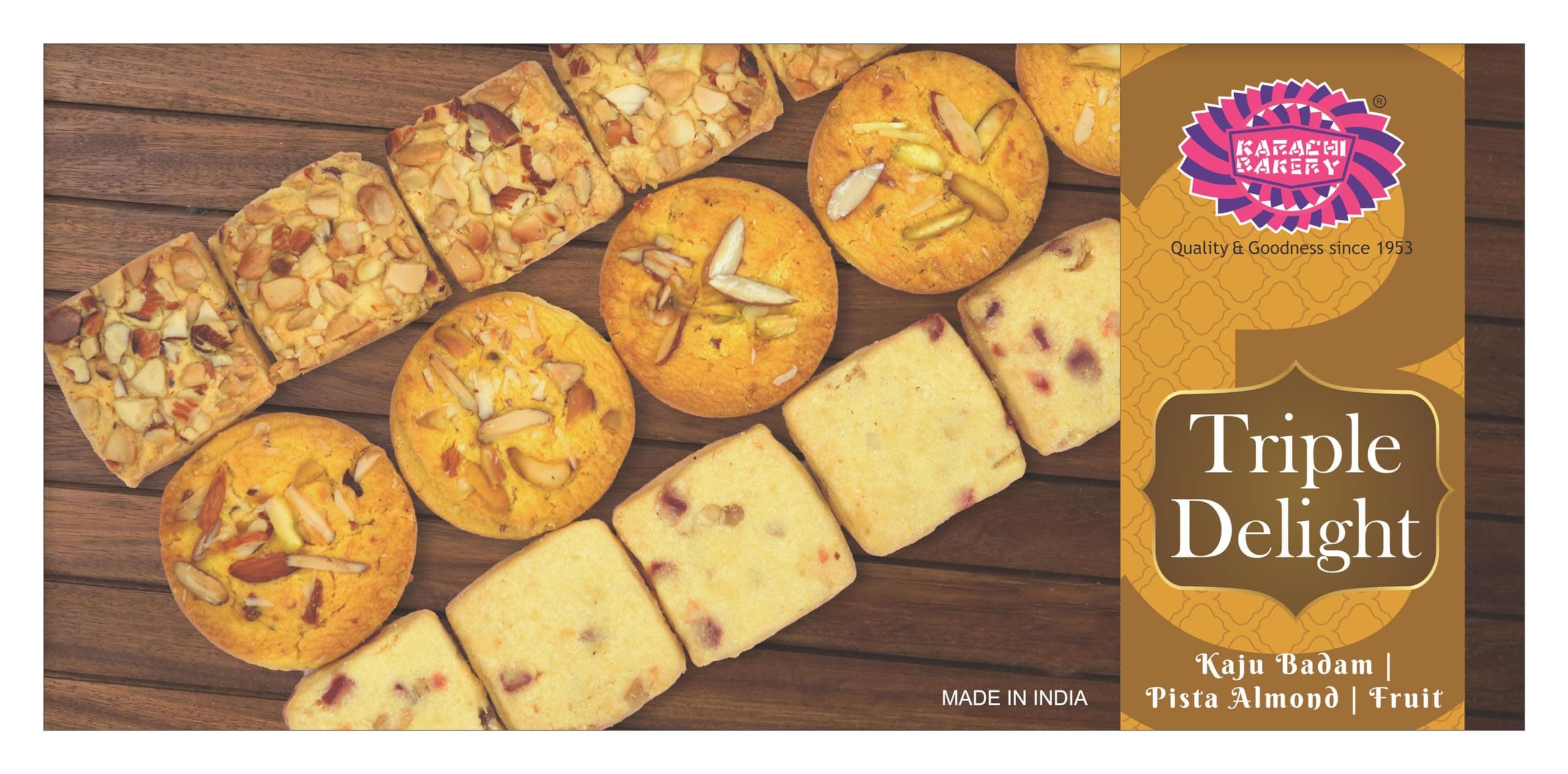 Karachi Bakery Triple Delight [Pista Almond, 200gm|Kaju Badam, 200gm| Fruit Biscuits,200gm]Gift Pack, 600gm