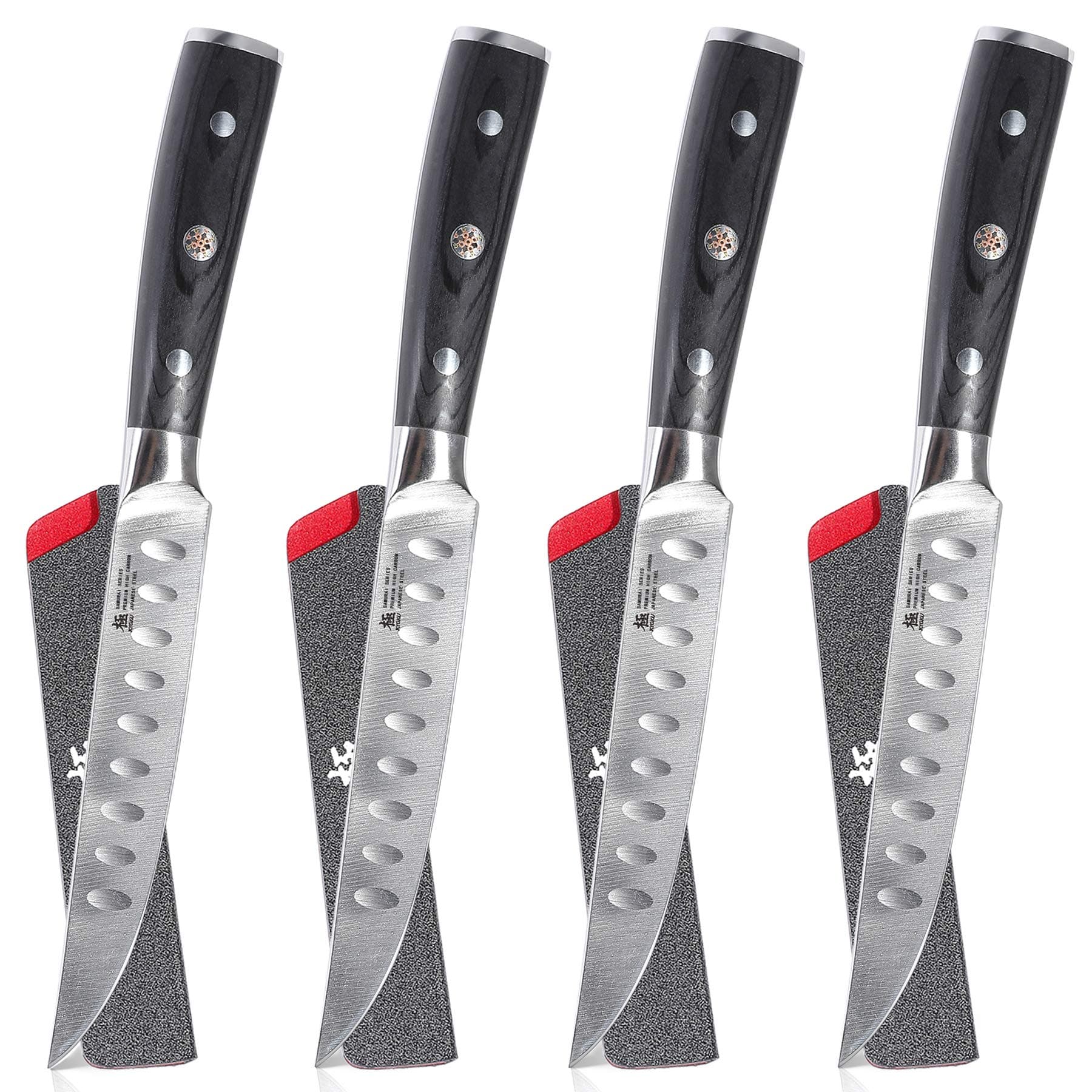 Samurai Series - 5" Steak Knives Set of 4 with Sheath & Case - Full Tang - Japanese High Carbon Steel - Pakkawood Handle with Mosaic Pin (Japanese Steak Knife Set)