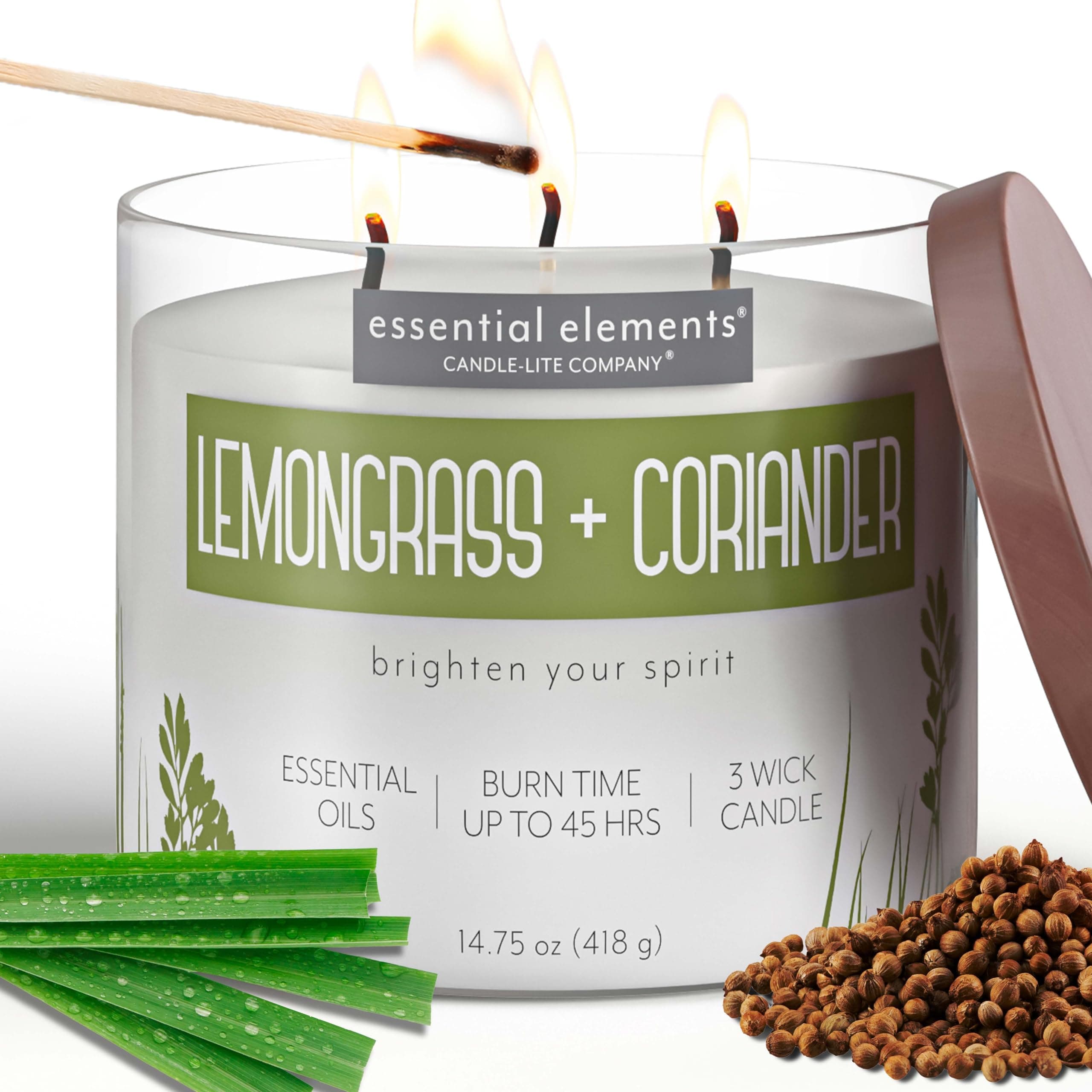 Essential Elements by Candle-lite Scented Candles, Lemongrass & Coriander Fragrance, One 14.75 oz. Three-Wick Aromatherapy Candle with 45 Hours of Burn Time, Off-White Color