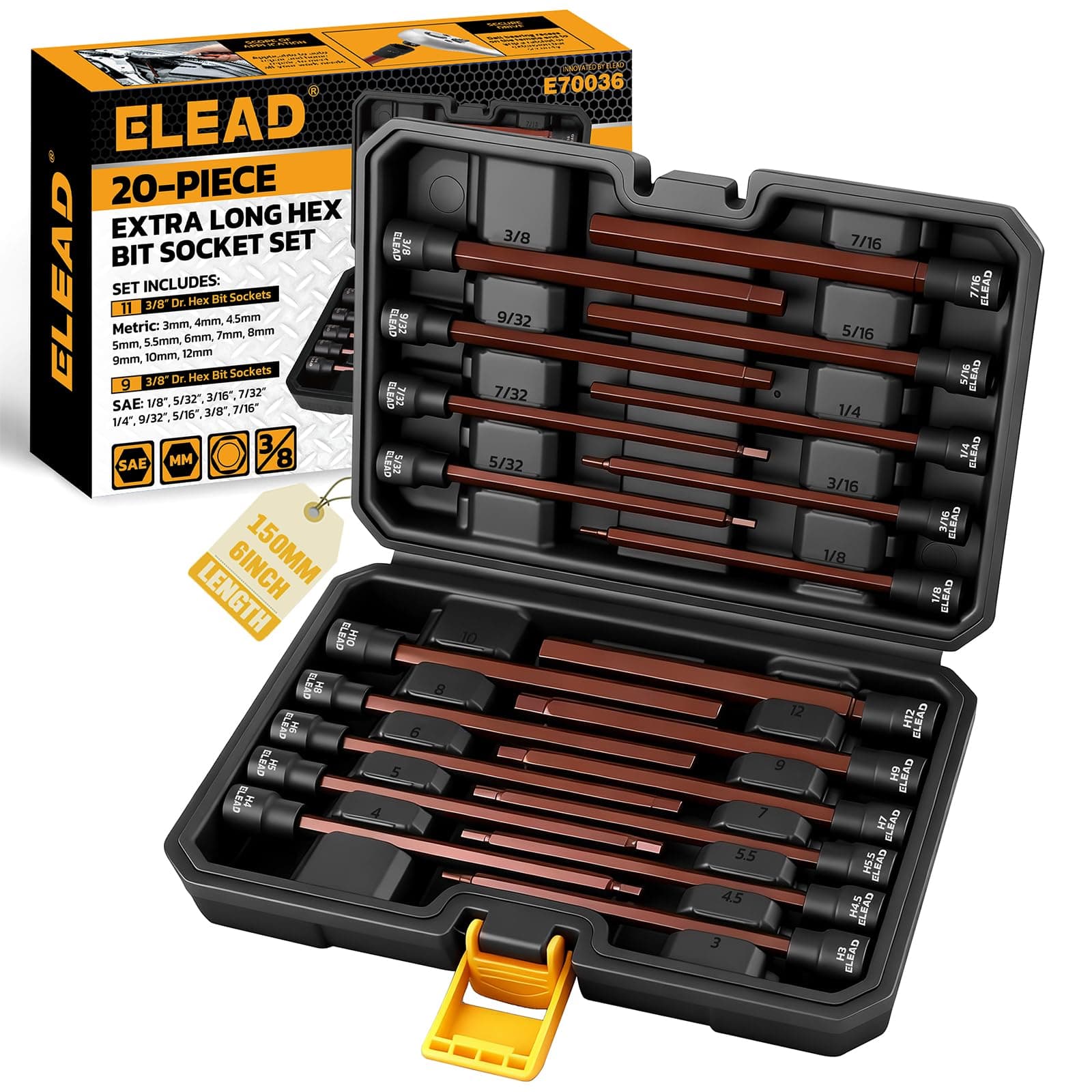 Extra-Long Allen Hex Bit Socket Set: 20-Piece 3/8 Inch Drive, S2 Steel, Standard SAE & Metric (1/8-Inch - 7/16-Inch, 3-12mm) for Impact Drills and Ratchet Wrenches