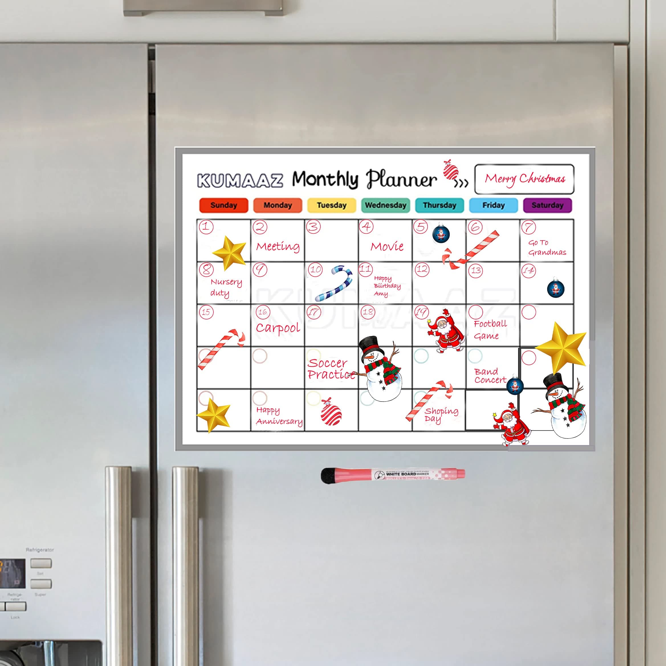 Dry Erase Fridge Magnetic Calendar - Whiteboard Monthly Planner for Organising Daily Tasks - Meal Planning or Business Plans in Offices - with Dry Erase Marker Pen, White, 42cmx29.5cm