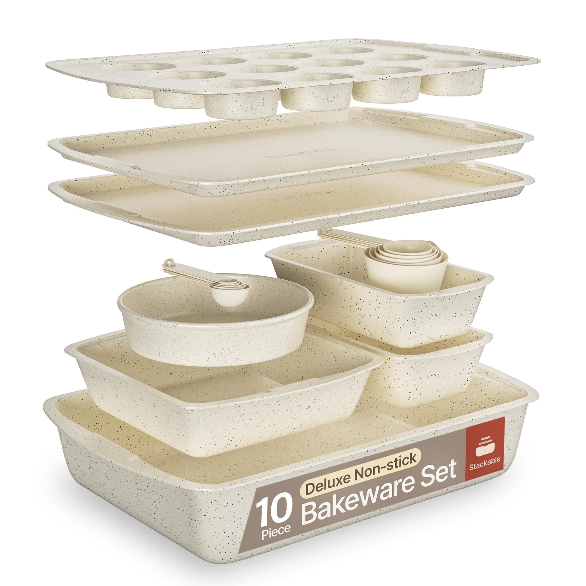 White Marble 10-Piece Bakeware Sets, Nonstick Carbon Steel Baking Sheet & Pans, Stackable Space-Saving Bakeware, Dishwasher Safe, Stain-resistant, PFOAPFOSPTFE Free, Oven Safe Up To 450°F (230°C)