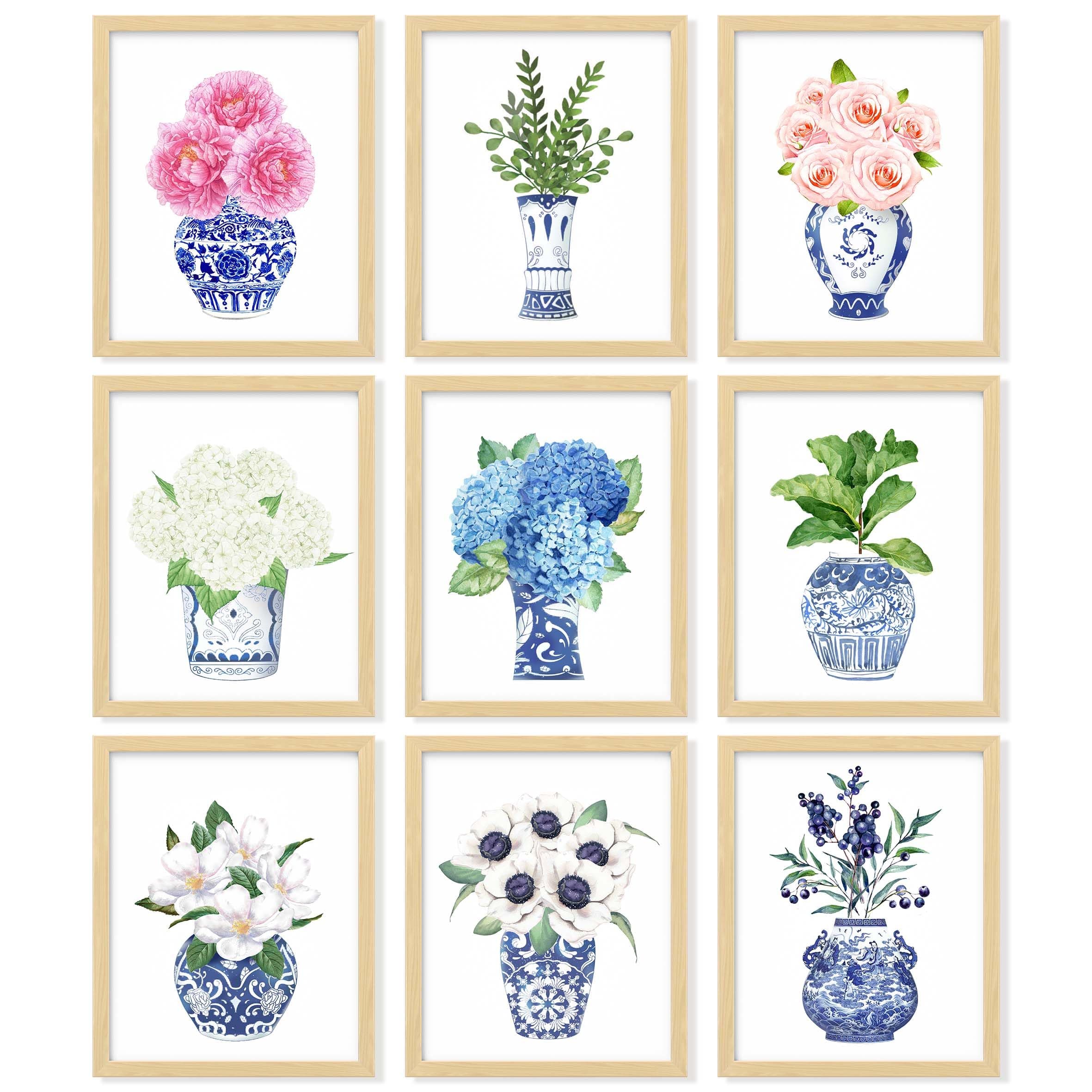 97 Decor Chinoiserie Decor - Chinoiserie Wall Art Prints, Blue White Porcelain Vase, Chinese Blue and White Ginger Jar, Chinoiserie Artwork Flower Picture for Home Bedroom Decorations (8x10 UNFRAMED)