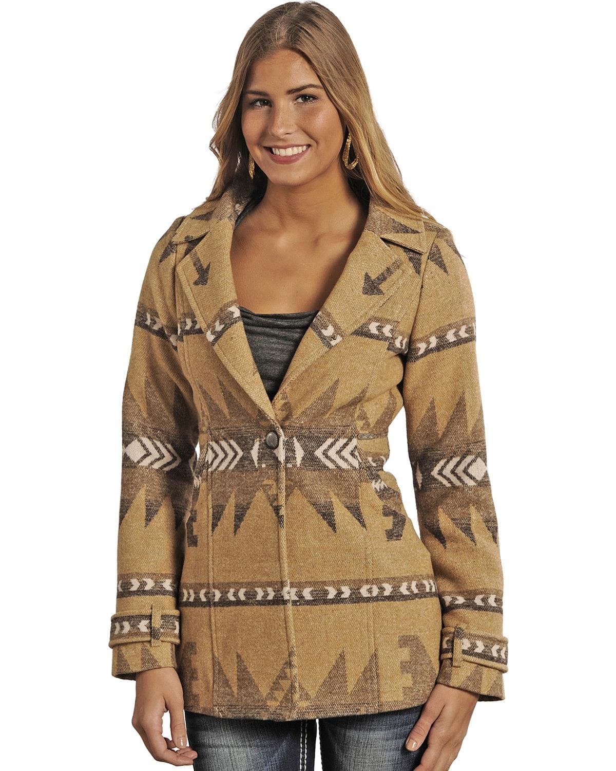 Powder River Women's Tan Hannah Aztec Pattern Wool Single Breaste
