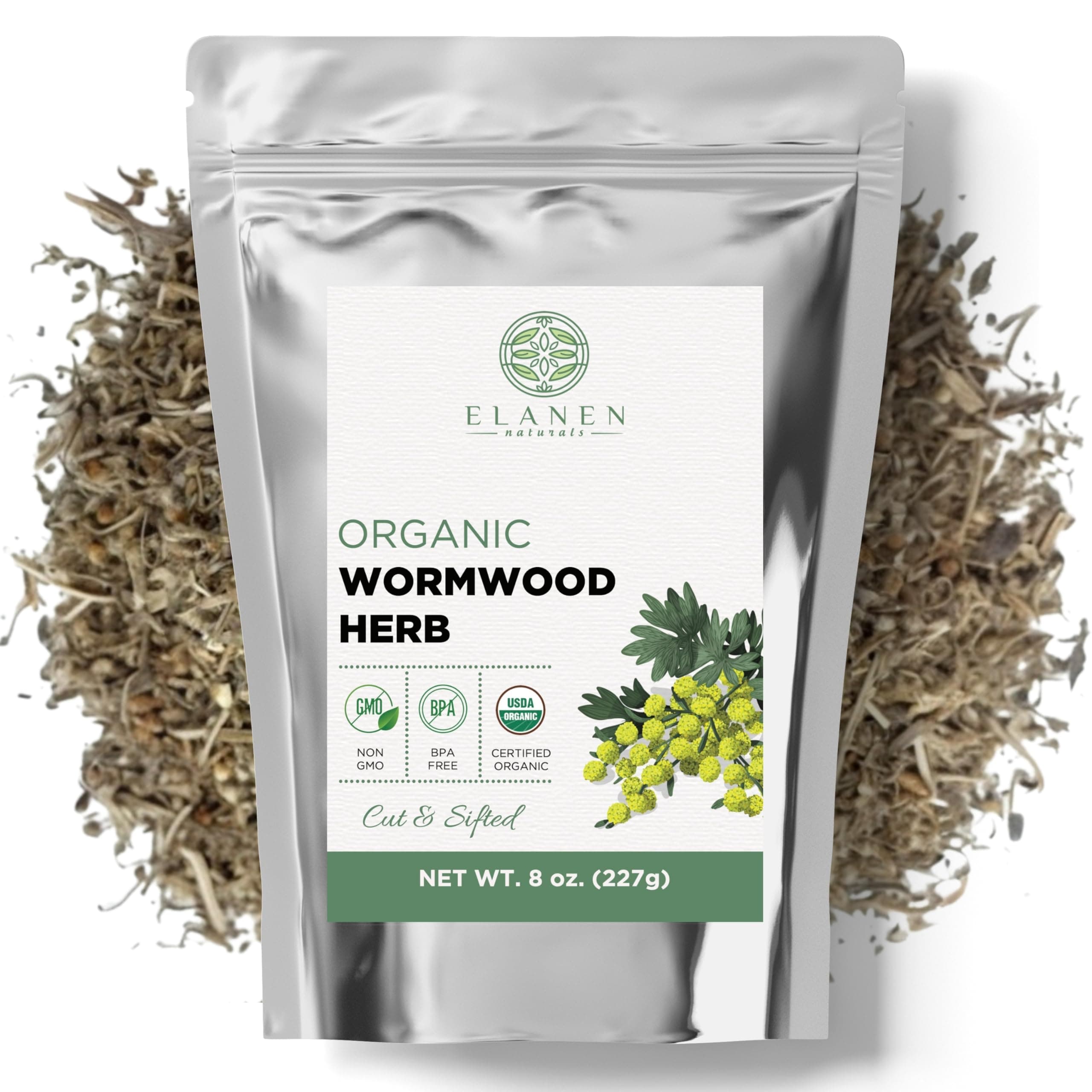 Elanen Naturals Organic Wormwood Herb 8 oz. (227g), USDA Certified Organic Artemisia absinthium, Wormwood Herb Tea, Worm Wood, Ajenjo, Cut & Sifted