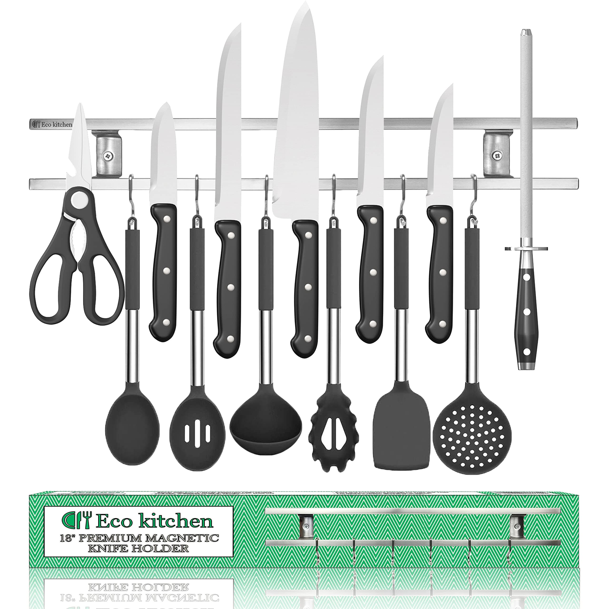 Magnetic Knife Holder for Wall - Stainless Steel Knife Magnetic Strip 18 Inch - Wall Knife Magnet Bar Rack With Hooks