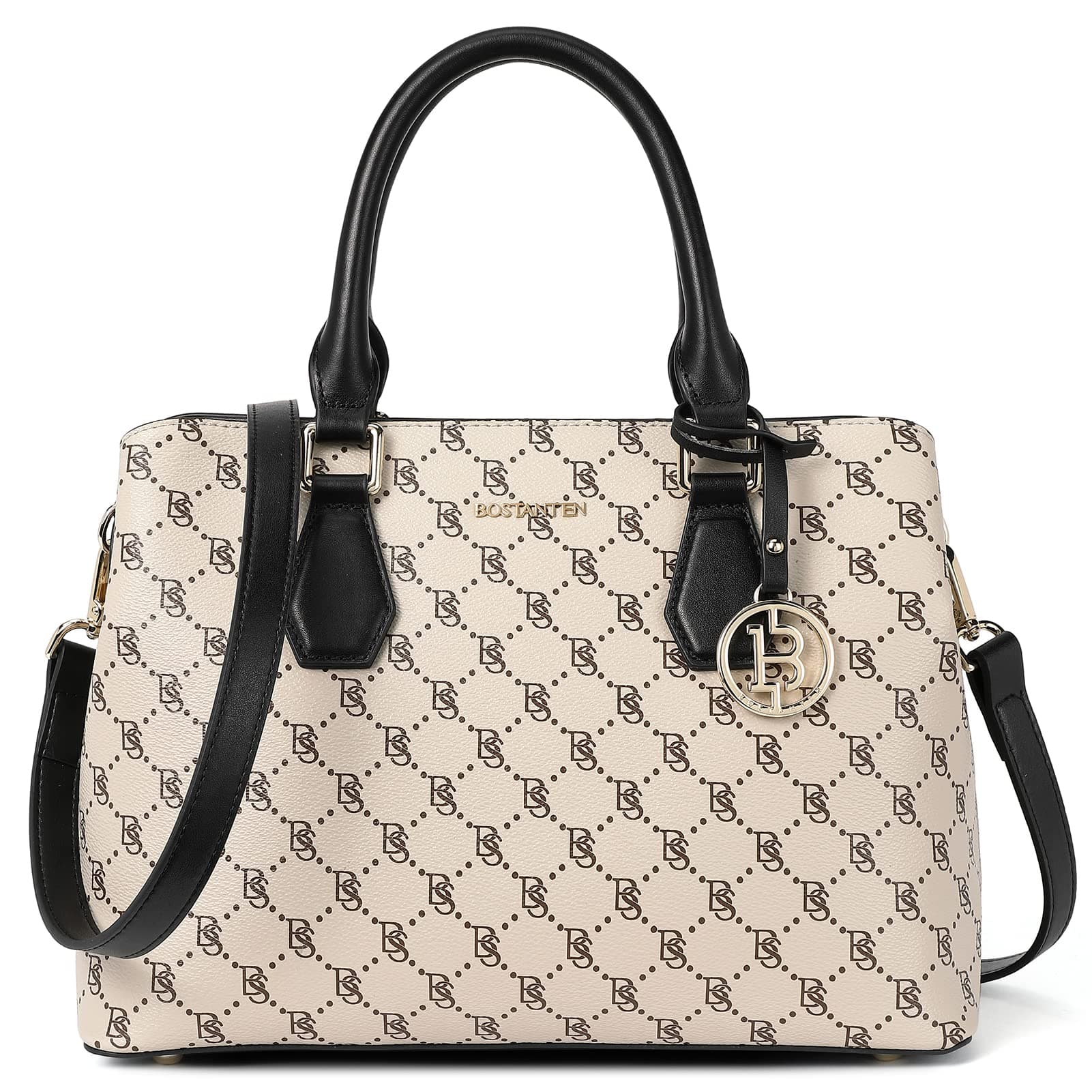 BOSTANTEN Women Leather Handbag Designer Top Handle Satchel Shoulder Tote Bags Crossbody Purses (Beige Signature)