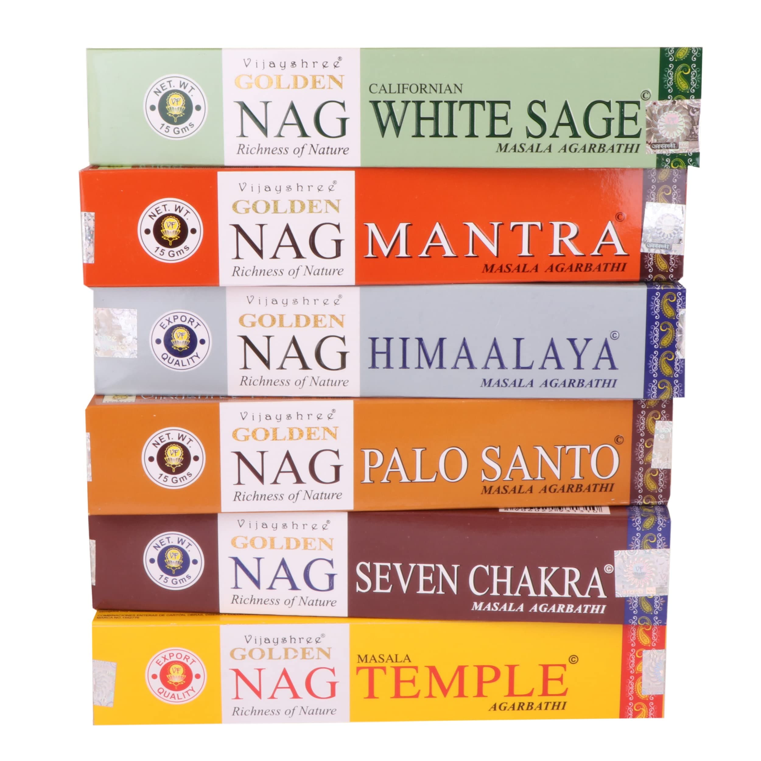 Incense Stick/Agarbatti 6-in-1 Pack Fragrance: White Sage, Mantra, Himaalaya, Palo Santo, Seven Chakra and Temple with Free Wooden Incense/agarbatti Stand with Brass Work