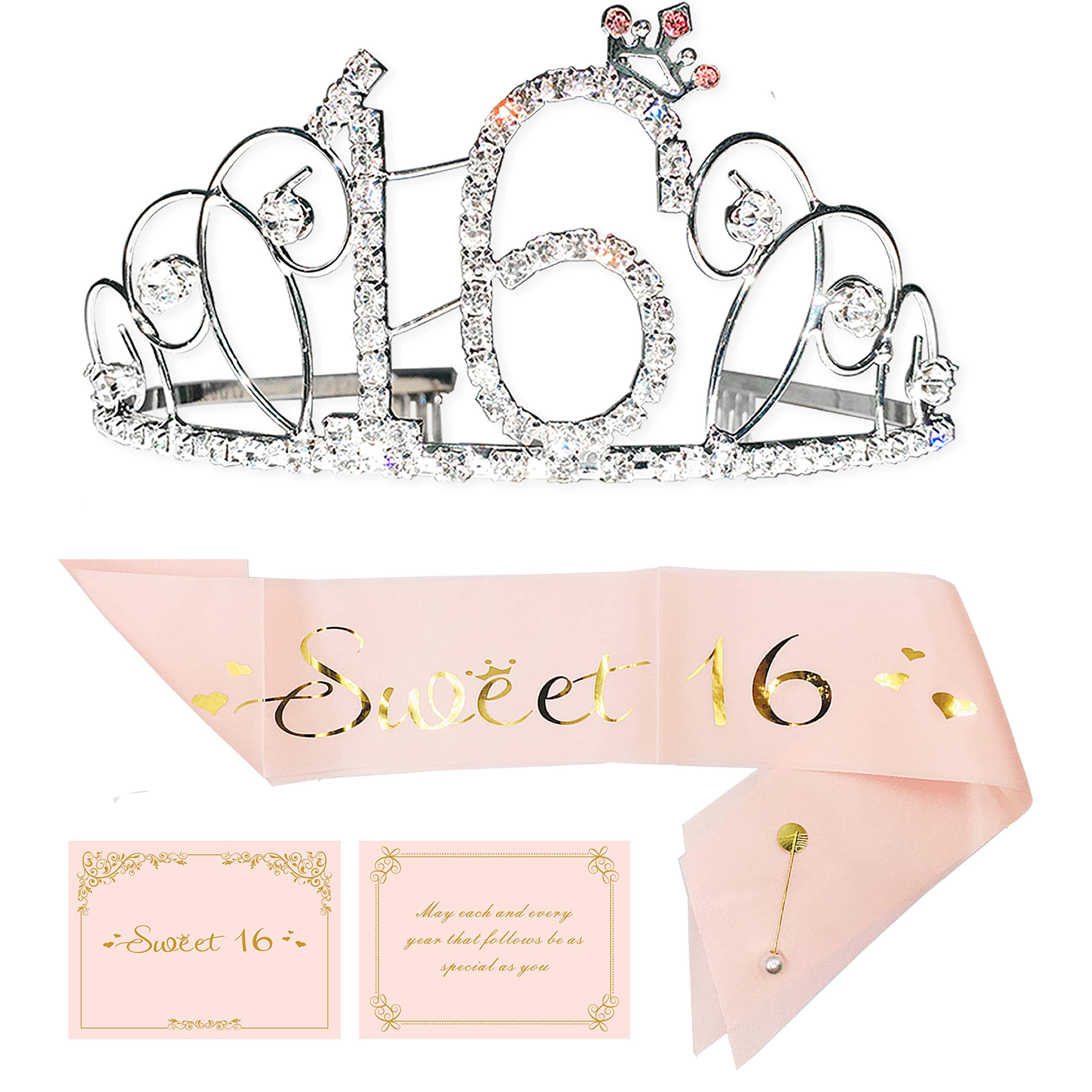 16th Birthday Party Supplies, 16th Birthday Tiara and Sash, Happy 16th Birthday Party Supplies, Sweet 16 Sash & Rhinestone Tiara Kit