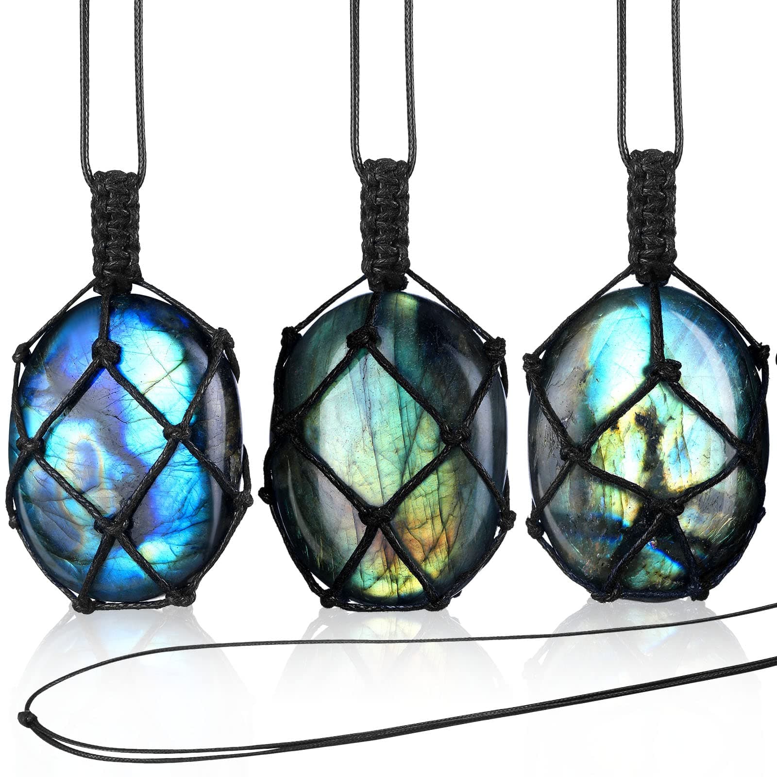 Natural Labradorite Pendant Necklace, Hand-woven Rope Healing Crystal Stone Holder Necklace with Adjustable Length for Women Men