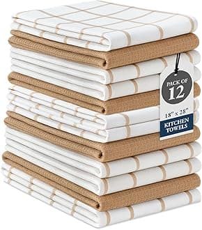 LANE LINEN Kitchen Towels & Dishcloths Set of 12-100% Cotton, Quick-Drying 18” x 28” Absorbent Dish & Tea Towels, Soft Hand Towels for Kitchen - Beige