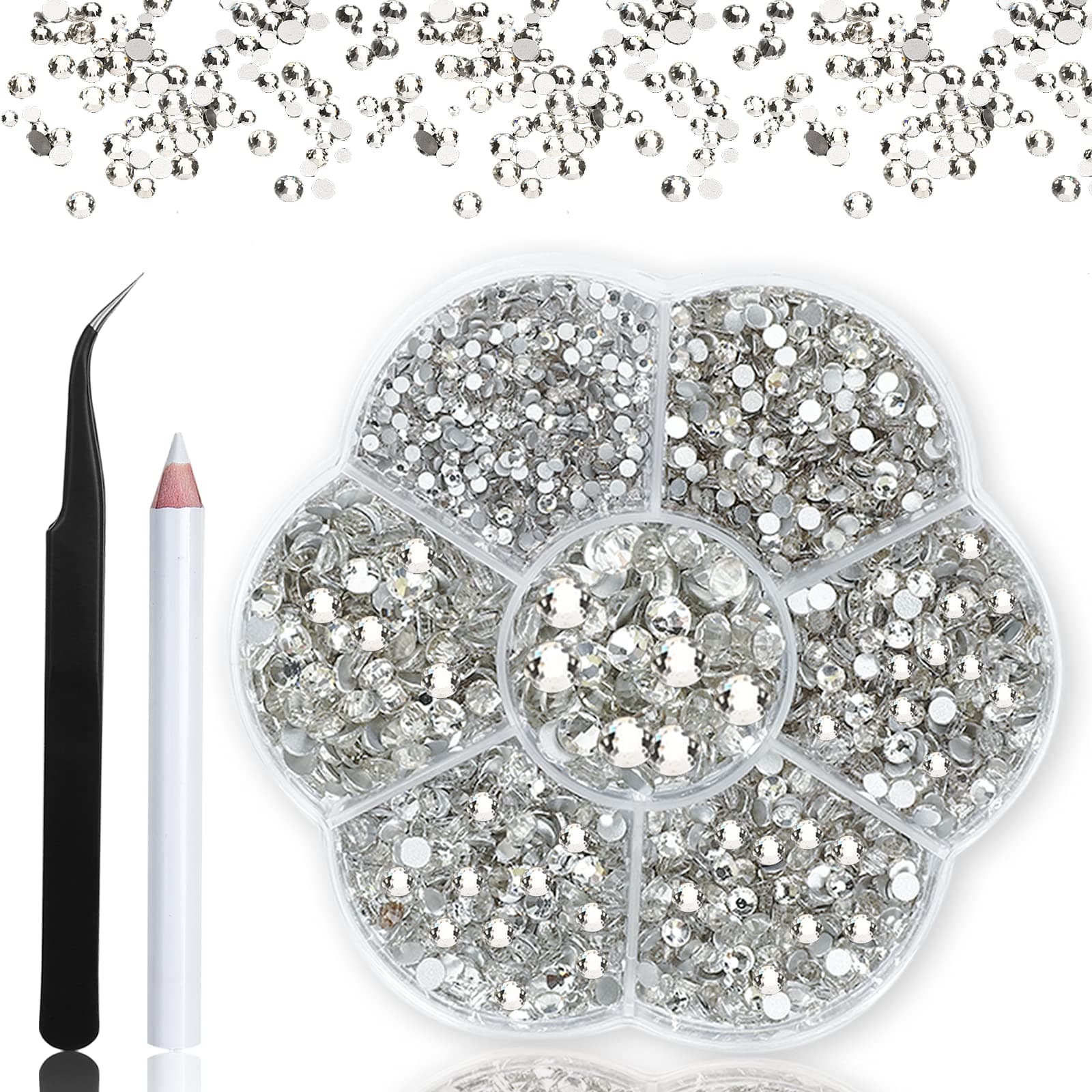 Rhinestones,3150pcs Clear Nail Gems Silver Face Jewels Tooth Eye Gems-Tiny Glass Nail Diamonds Stone Flatback-Small White Crystals Rhinestone for Acrylic Nails-Craft Gems with Wax Pen HINABTRU