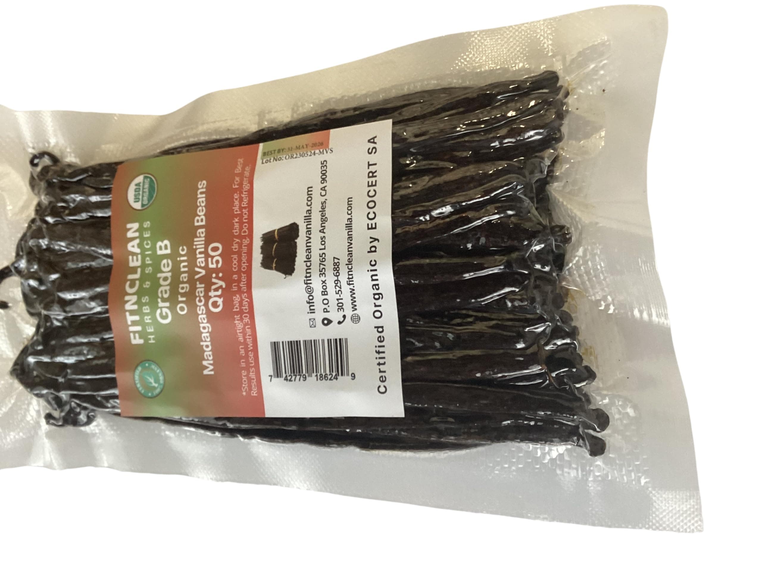 - 50 Madagascar Organic Vanilla Beans Grade B. Certified USDA Organic. 5"-7" by FITNCLEAN VANILLA for extract, Cooking and Baking. Whole NON-GMO Bourbon Pods