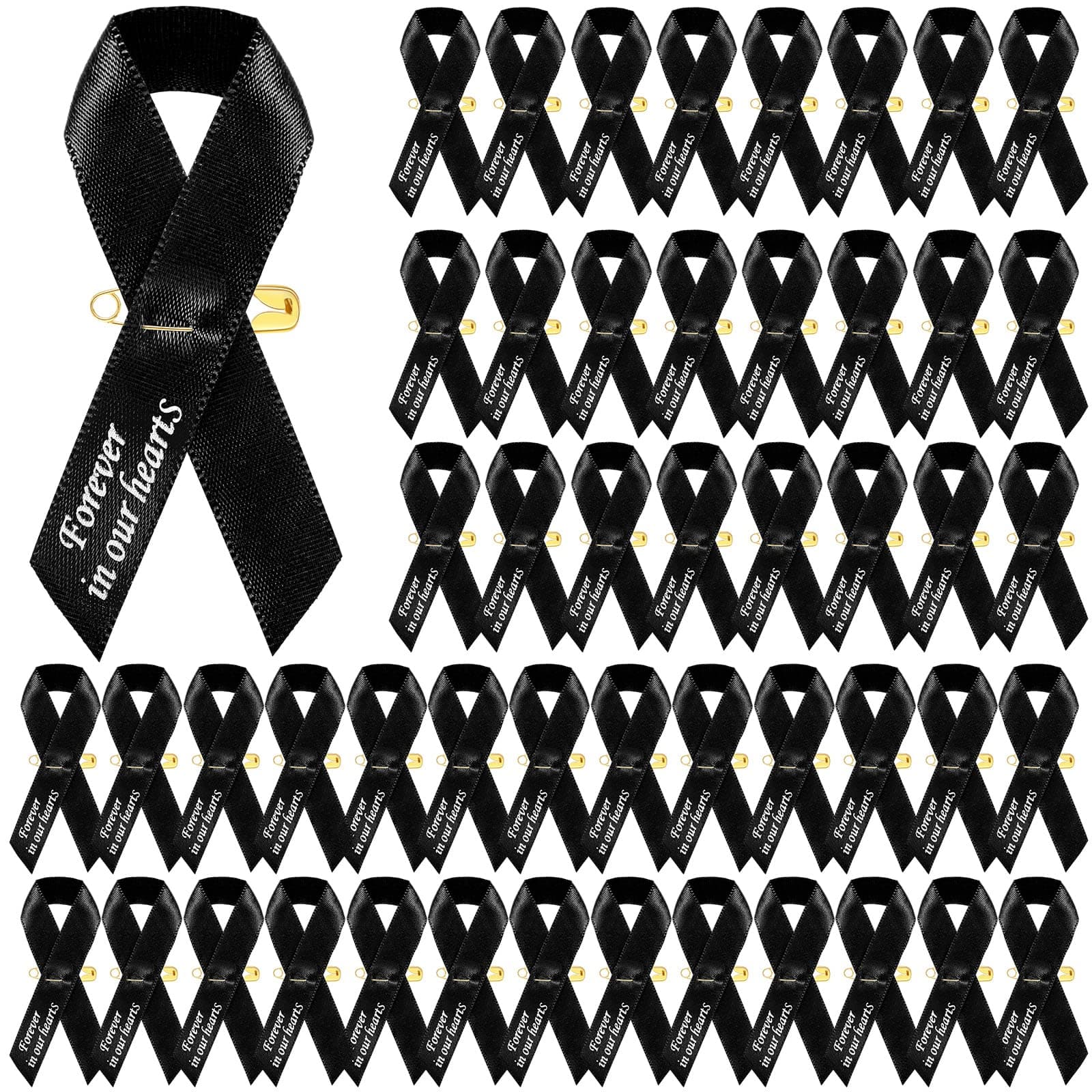 50 Pcs Funeral Ribbons Memorial Ribbon Funeral Pins Classic Memorial Service Respect Meditation Personalized Ribbon Bow with Safety Pins for Mourning Remembrance Day Funeral Event (Black)