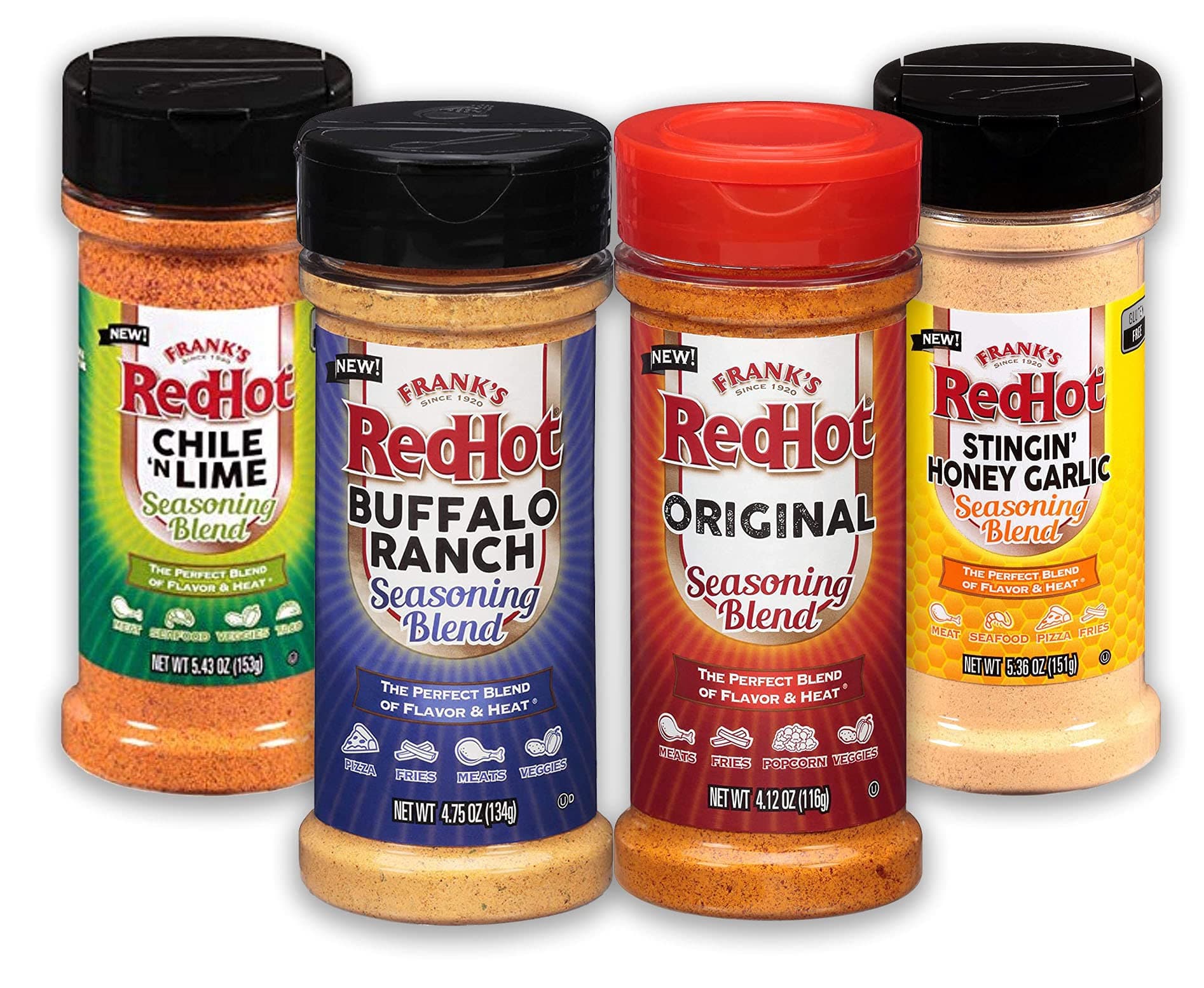 Franks Red Hot Seasoning Sampler. Franks Red Hot Seasoning Blend, Franks Red Hot Buffalo Ranch, Chile N Lime, and Stingin Honey Garlic.