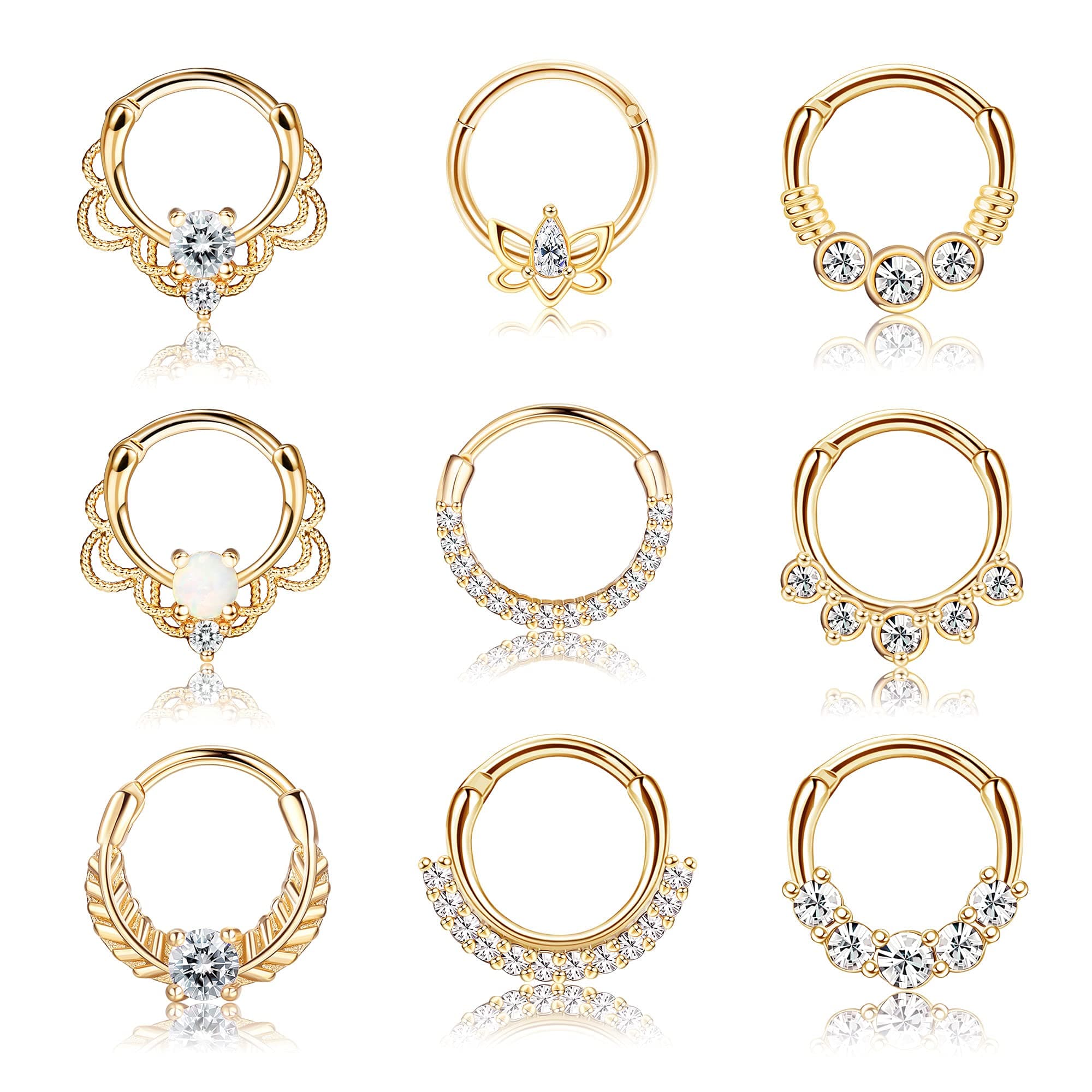 9PCS 16G Septum Rings Opal Daith Earrings Hoop Nose Rings 316L Stainless Steel CZ Cartilage Helix Tragus Earrings Septum Clicker Piercing Jewerly
